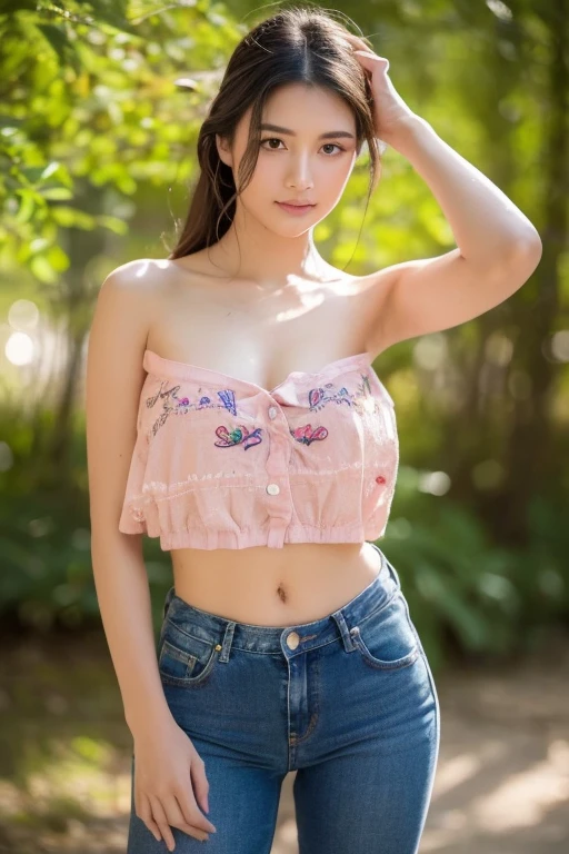 Best quality, realistic, perfect human body structure, very detailed, very delicate and beautiful, RAW photo, flower garden, fancy embroidered bra, side-string bikini, professional lighting, face lighting, depth of field, single focal, full body photo, 13 year old woman, brown hair, brown eyes, small head, (((big)), baby face, fashion girl, beautiful eyes, bareface, Realistic Skin, Realistic Face, Realistic Skin, Detailed Eyes, (Half Up: 1.3), Sexy Pose, Middle School
