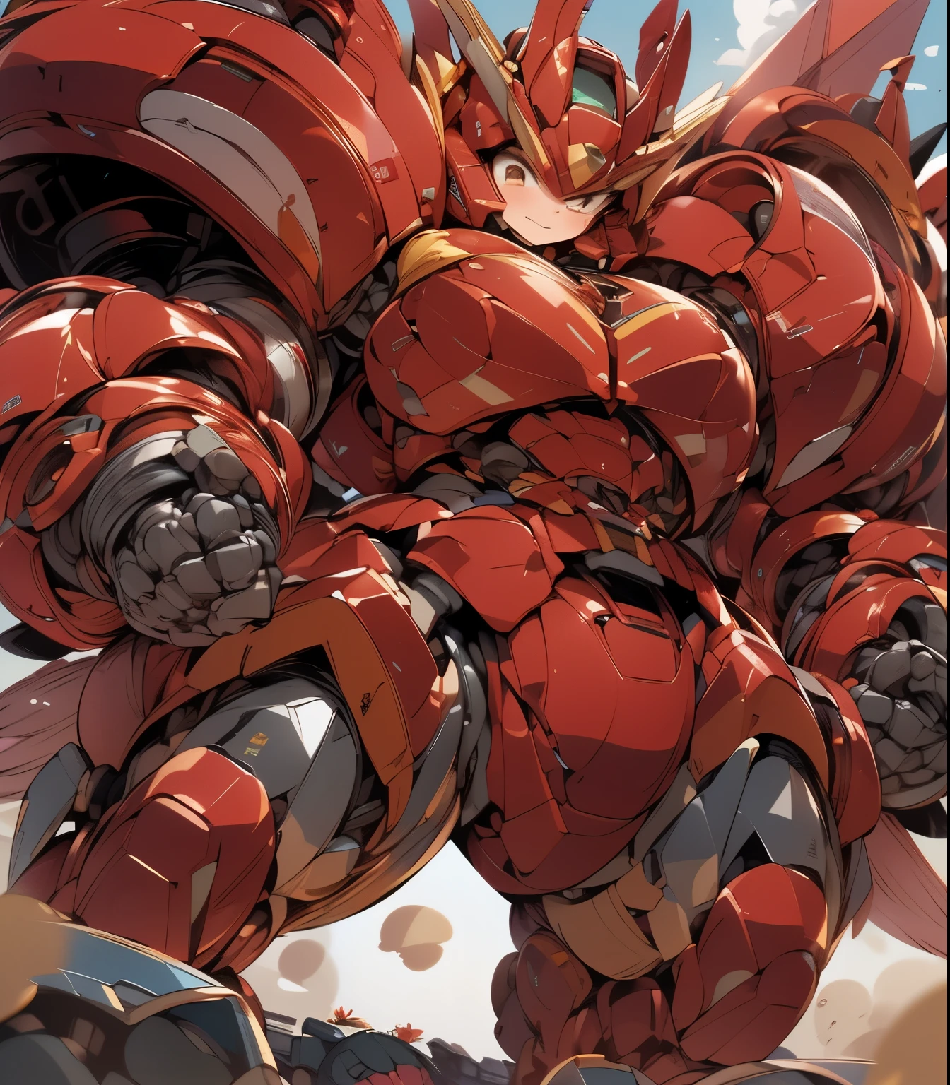 (((1 chibi girl in large robot costume, equip helmet, from below))), ssmile, (black hair), (chibi), (bulky:1.8), (((helmet))), large cute face, (((looking down:1.5))), mechanical parts, ((mechanical wings)), (full armor:1.8), (mecha armor:1.8), (shoulder guards:1.2),(huger arms), ((mechanical arms:1.5)), (short legs), (huger body:1.8), (heavy equipment:1.6), (from below), blue sky, white clouds, robot joints, becoming a mecha, mecha, (RARS), (HRS), ROBOTANIMESTYLE, BJ_Cute_Mech,cute, girl BREAK ((masterpiece)), vibrant colors, 8k, best quality, ultra detailed illustration, ((best quality)), ((high resolution)), flawless skin textures, shiny oiled skin, extremely detailed anime eyes , extreme light and shadow
