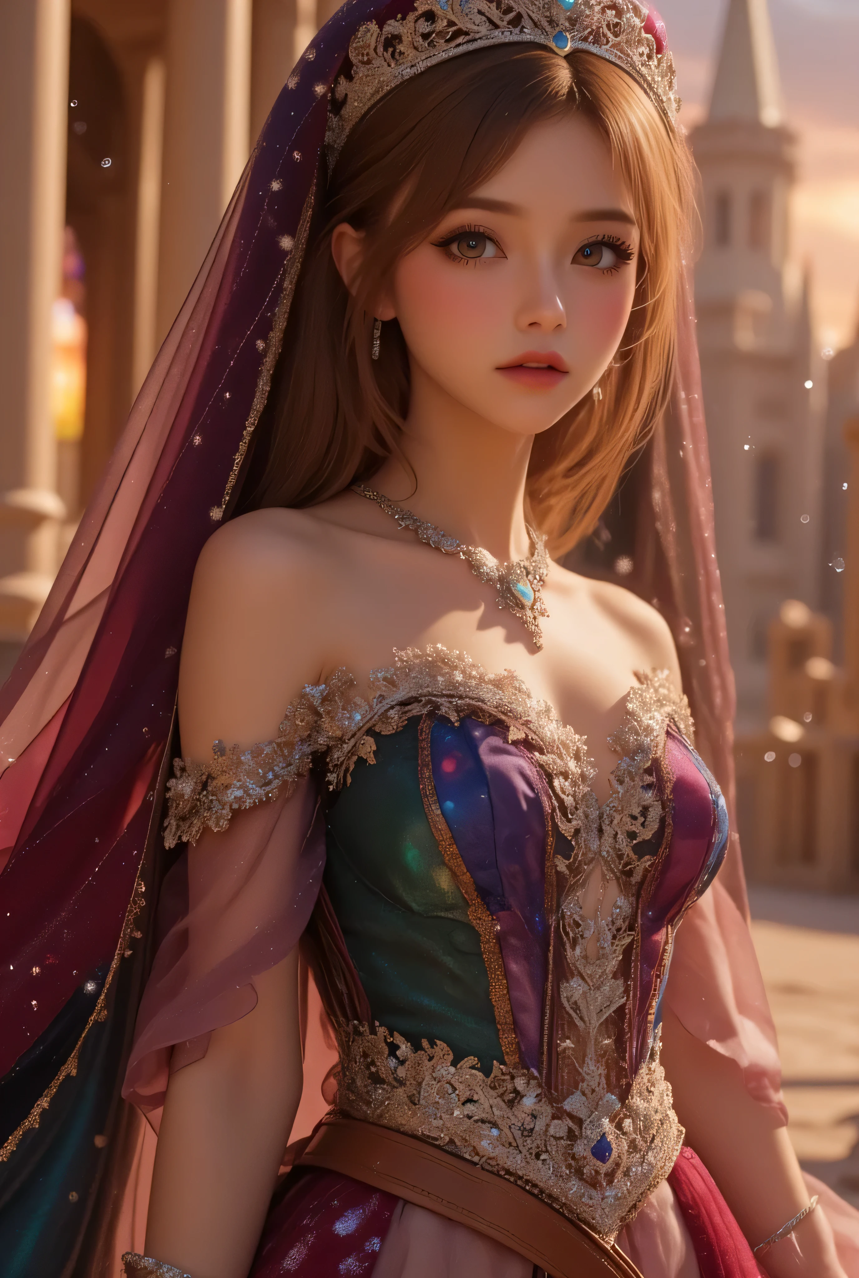 lors, deep contrast, super real, pink lipstick, lovely atmosphere, cinematic composition, close-up of face. She is wearing a breathtakingly opulent princess dress with flowing, multi-layered fabrics in a mesmerizing blend of royal blue, deep crimson, emerald green, and shimmering violet, creating a dazzling gradient effect. The dress is adorned with intricate golden and silver embroidery, forming delicate floral and celestial patterns, intertwined with radiant, sparkling gems in shades of sapphire, ruby, emerald, and amethyst. The off-shoulder design is enhanced with sheer, shimmering fabrics that drape elegantly, catching the light like woven stardust. Her bodice is encrusted with fine jewel embellishments, and a beautifully detailed silver and gold belt cinches her waist, adding to the regal elegance. She also wears a dazzling gemstone necklace, a delicate tiara of intertwined silver and gold adorned with pearls and precious stones, and an exquisite matching bracelet.
She stands gracefully in front of a magnificent castle with towering spires, intricate stonework, and glowing stained-glass windows that cast a kaleidoscope of colors onto the grand courtyard. The castle is bathed in the golden light of a setting sun, with the sky painted in warm hues of orange, pink, and purple. Ethereal sparkles fill the air, adding a magical glow to the scene. Her expression is serene, confident, and regal, exuding the grace and charm of a true fairy-tale princess in a fantastical, enchanted world.