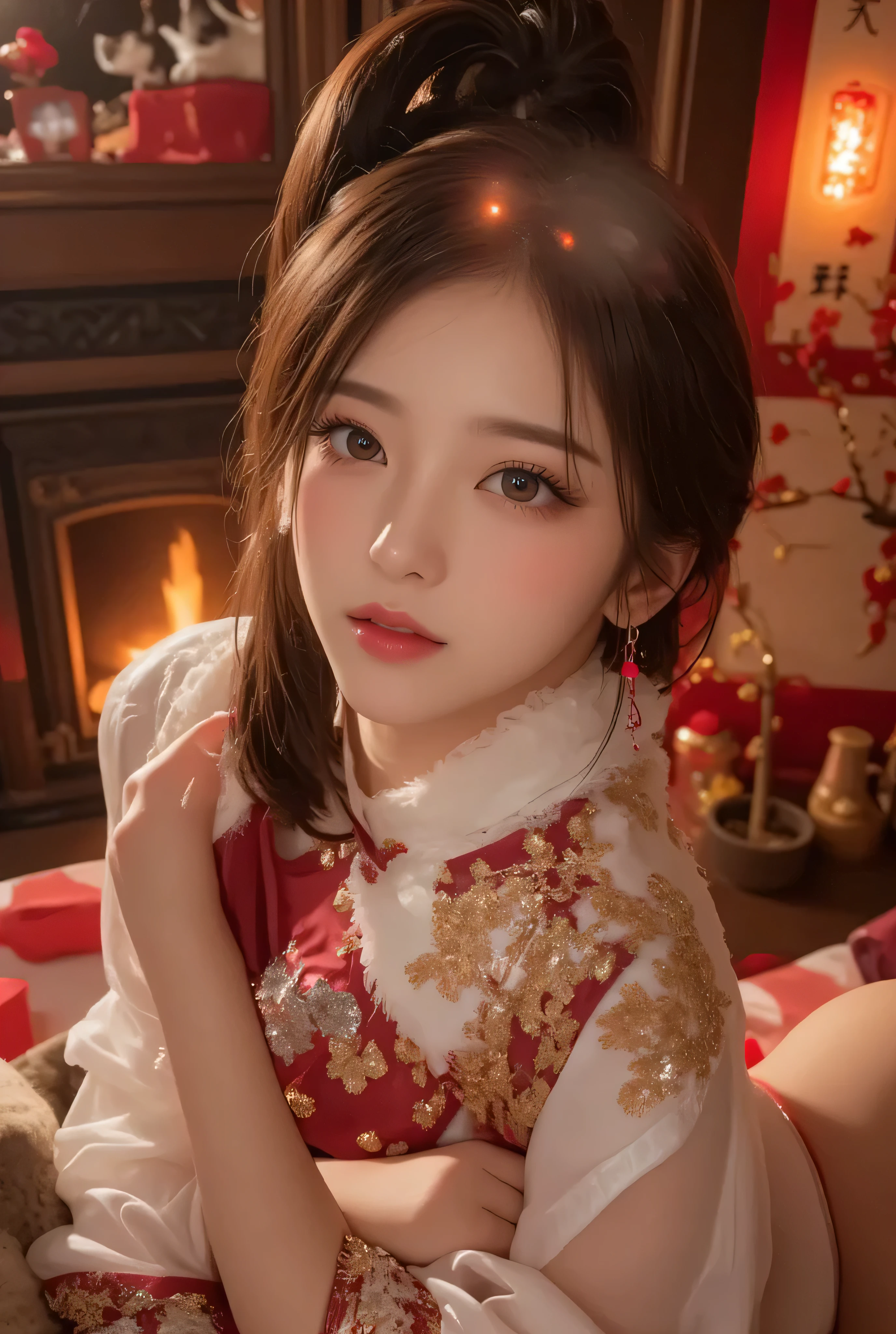 Araffe asian woman in a red and white dress sitting on a bed - SeaArt AI