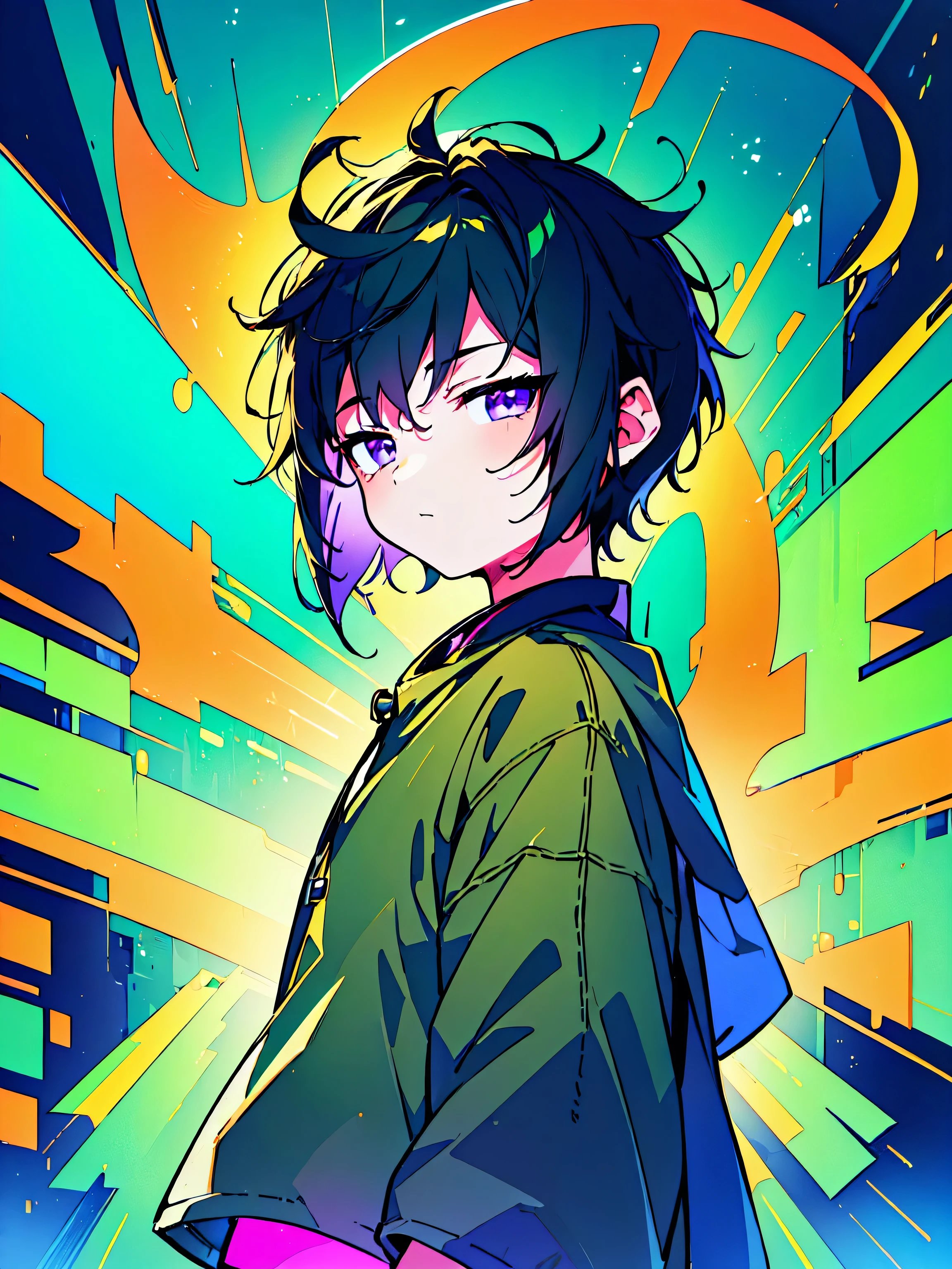 [(Tropical BACKGROUND:1.5),::5], ((((masterpiece)))), high quality, ultra_very_high_resolution, large_filesize, full color, (((solo))), (()), (((green short hair))), purple eyes, anime, (upper body), neon light, black parka,