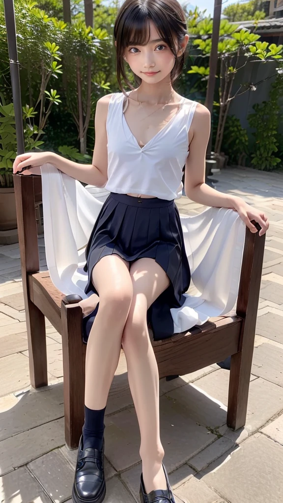 Highest quality, 8K, 11 years old、girl、Fluffy long hair、Tank top、mini skirt、Mid-chest、Beautiful Skin、Beautiful legs、Thin legs、smile、sea,