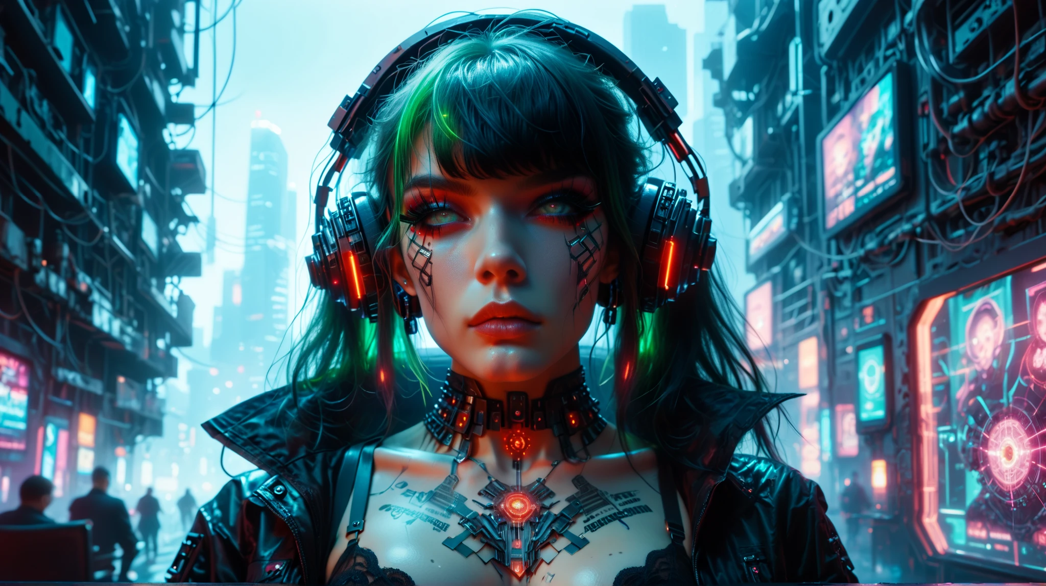 Woman with headphones and a green laser in her hair, cyberpunk)), fantasy cyberpunk horror, cyberpunk, technological, gothic and futuristic, beautiful young woman neuromancer, cyberpunk technological and dark fantasy, cyberpunk fantasy, has cyberpunk style, occult cyberpunk, cyberpunk ))), psychokinetic girl, seductive cyberpunk dark fantasy.