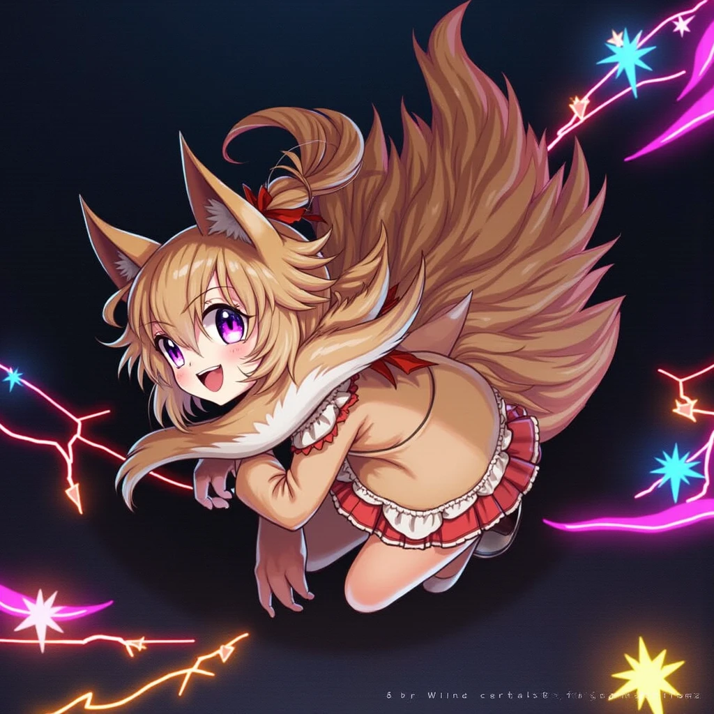 boy, squirrel, furry, bodyfur, tail, collar, bra, bottomless, gloves, boots, chibi, sparkling eyes, penis, testicles, idol, dancing, singing, hair bow, happy, full body, peeing, all fours, looking back