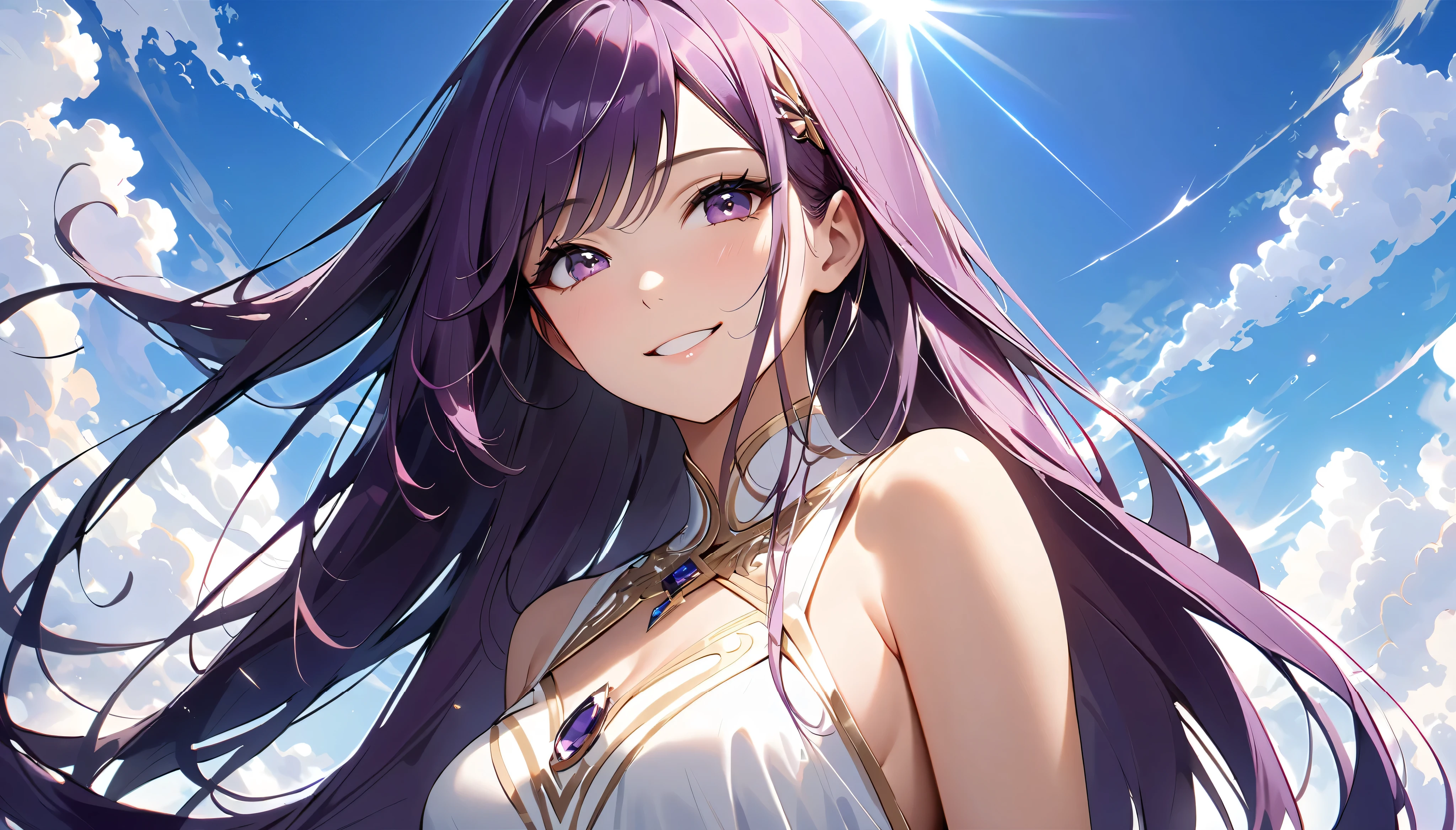 (((masterpiece, 最 high quality,  Supreme Masterpiece, super detailed:1.5))), ( very detailed and fantastic blue sky background:1.5), (((woman,  purple straight long hair  :1.5))),(((16K resolution:1.5)))、Like the last scene in the movie ,  ((( wear a dress like a white goddess:1.5)))、super masterpiece, high quality , high res,  bright blue sky and clouds 、(((The subject is anatomically correct :1.5))), (非常に美しく詳細な eyeliner), (Best lighting,  Extremely Detailed and Beautiful Faces ), (((1 woman, alone, purple hair、 Straight Long Hair ))),((( she is standing and smiling softly :1.5))),((( eyeliner,  How to do it:1.5))),(young very beautiful woman )、 (((16K resolution:1.5)))、 she is standing in the middle 、 slender body that wipes away underarm sweat、 perfect style with both legs、(((standing:1.5)))、Like her hair flowing softly in the wind、(((She looks up at the sky:1.5)))、 dynamic angle