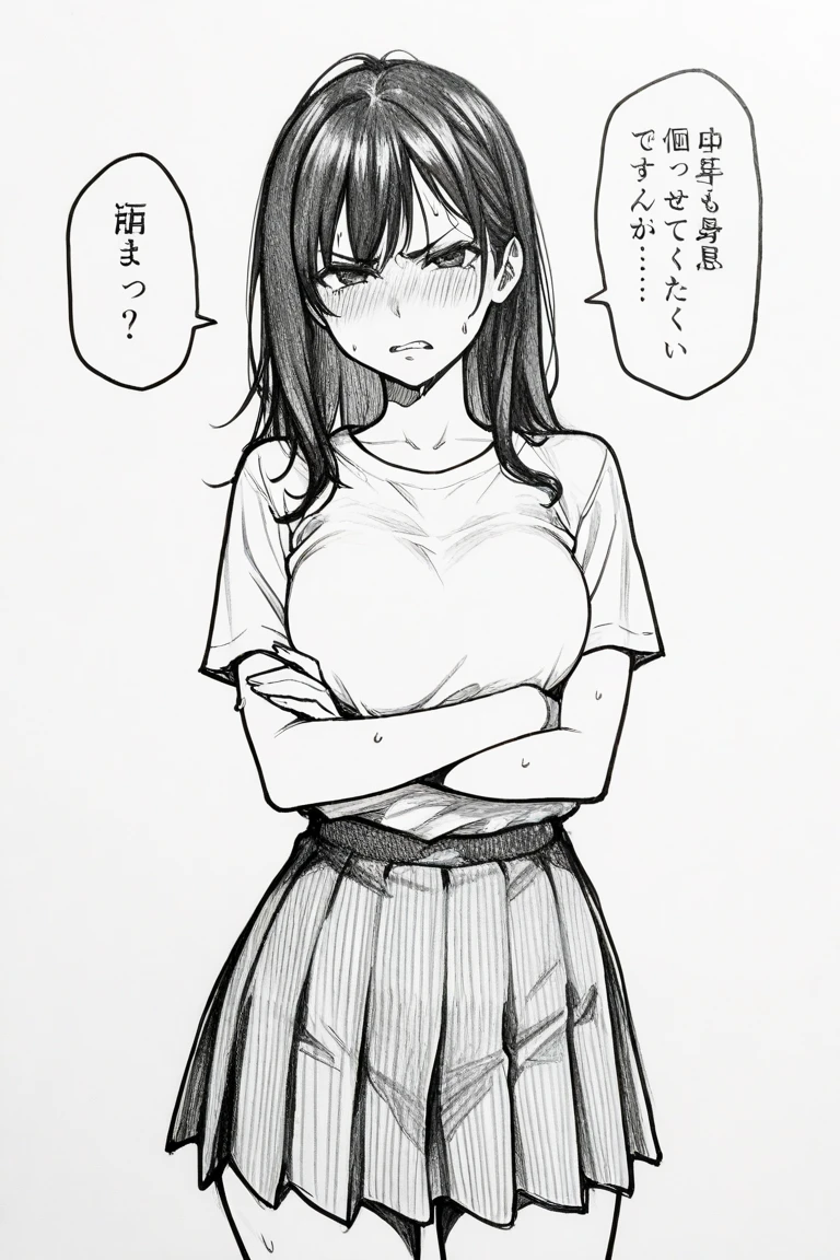 score_9、score_8_up、score_7_up、score_6_up、score_5_up、score_4_up、source_アニメ、Line art、LineAniAF、((grayscale、Monochrome))、Simple Background、White background、One girl、solo、pout、Angry、blush、Part your lips、kzSeraphim、Black Hair、Green Eyes、ponytail、Large Breasts、Small waist、Thick thighs、School uniforms、Cleavage、skirt、See who's watching、Cowboy Shot、heart、teasing、Place one hand on cheek