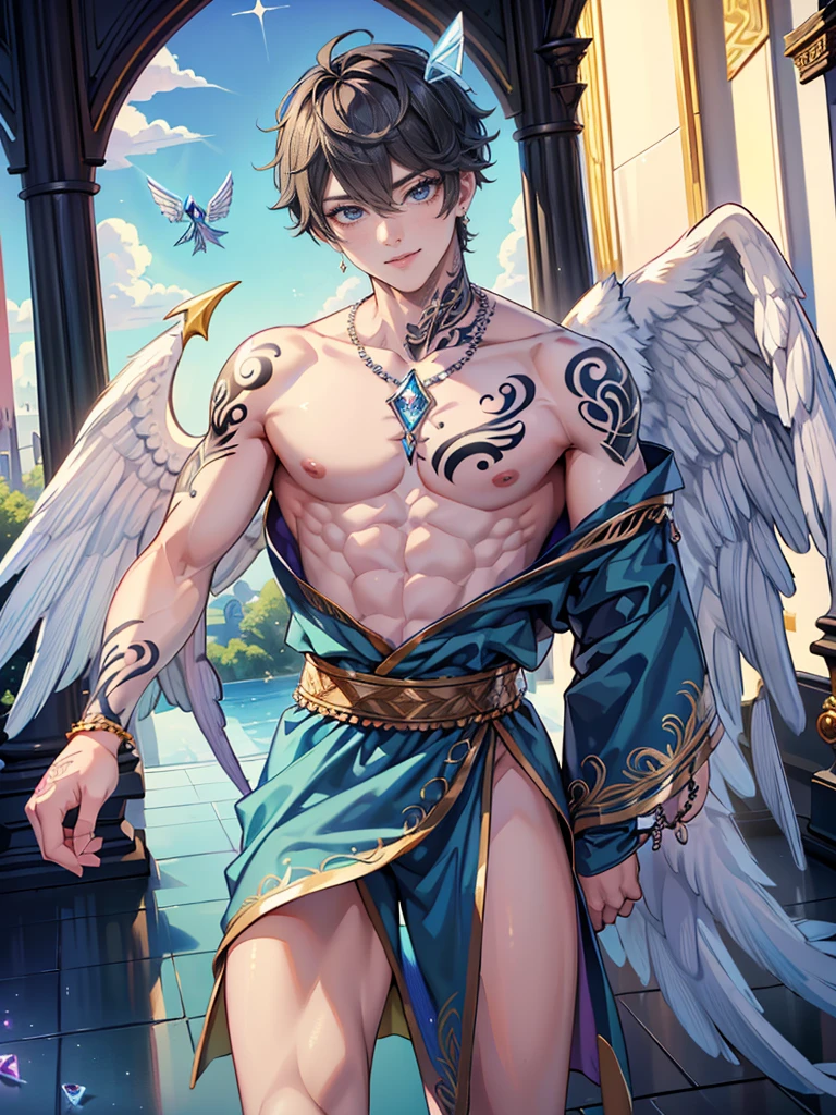 Young angel homem, just, looks like an angel, with four colorful wings, emerald eyes, just look sexy, dark aura, man curly hair