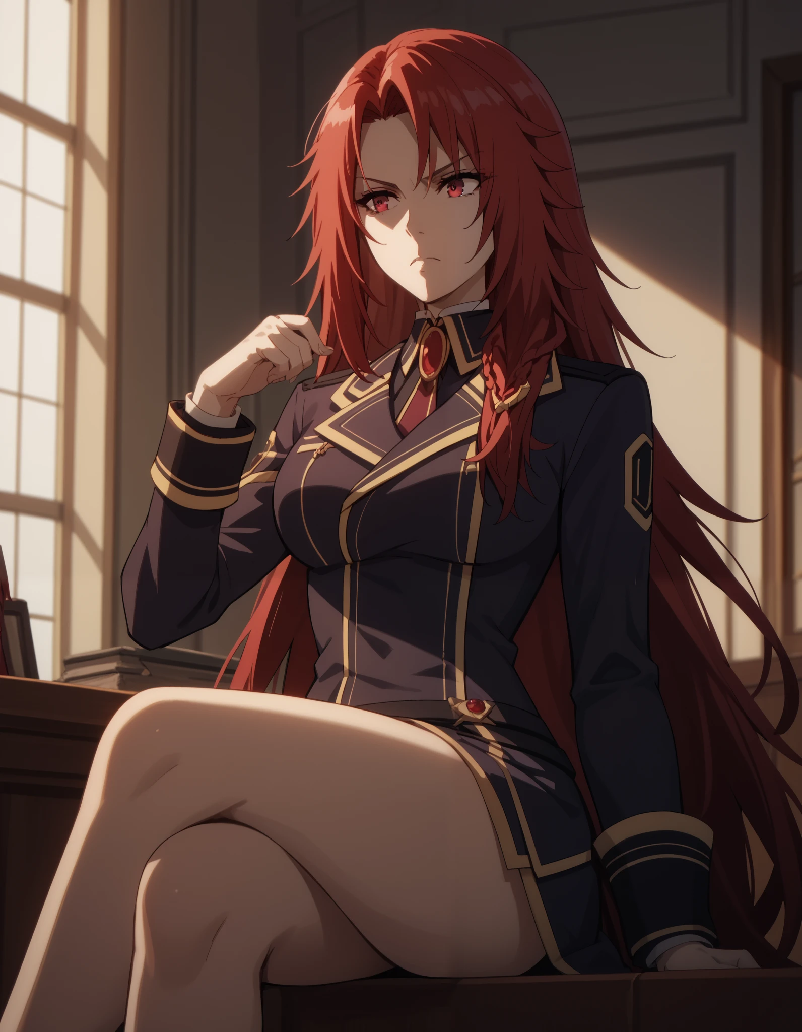 iris midgar, iris midgar (the eminence in shadow), the eminence in shadow, red hair, long hair, red eyes, black uniform, military uniform, large breasts, 1girl, solo,sitting,crossed legs