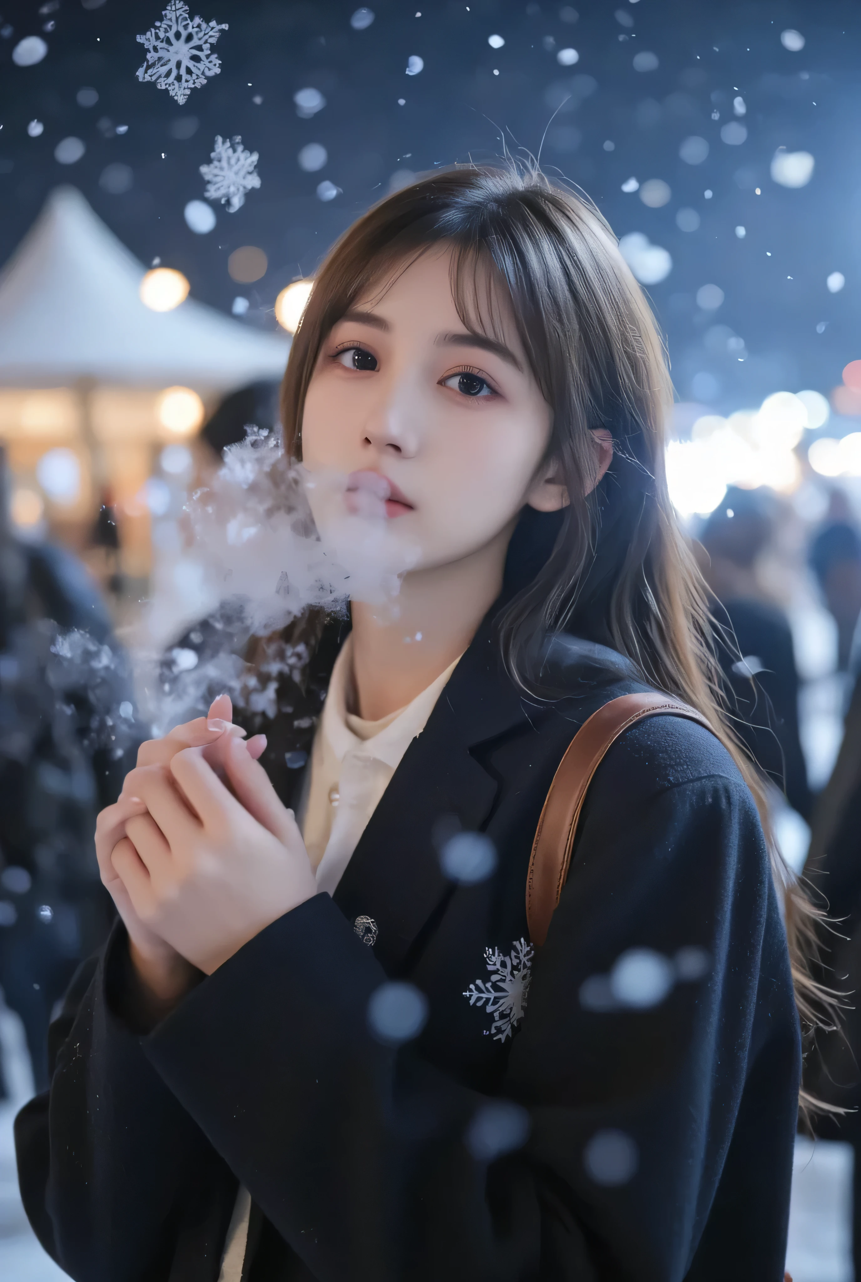 （masterpiece, best quality :1.2), winter,1 woman, [white breath] 、( Fantastic)Winter Festival 、 Snowflakes、❄️、cinematic lighting ,focus on her face,background blur,  fantastic