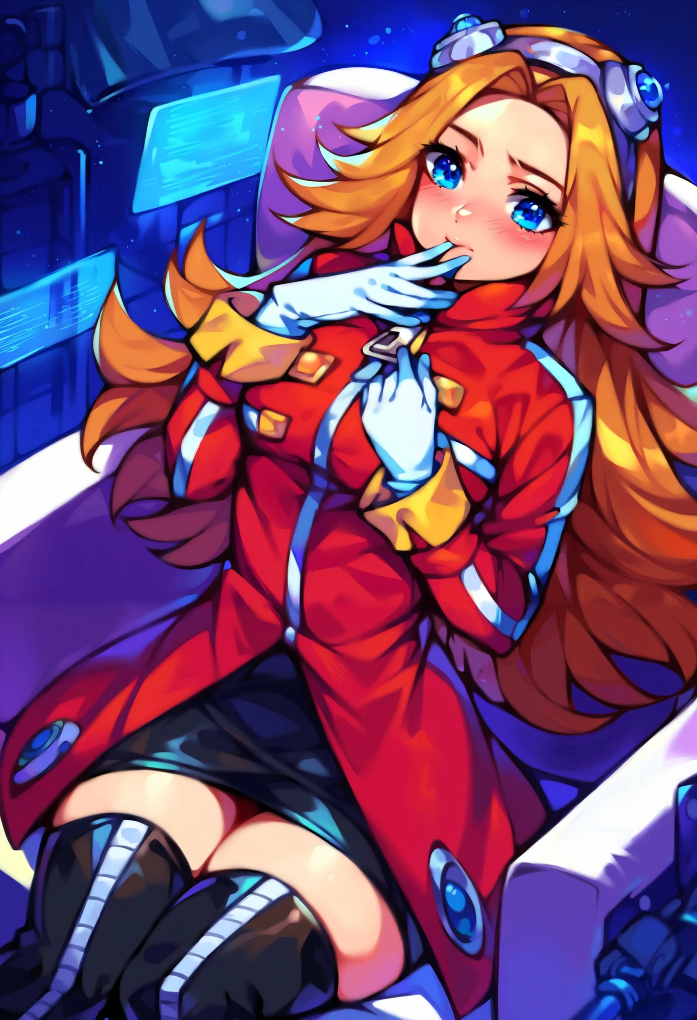 score_9, score_8_up, score_7_up, source_anime, (best quality), (masterpiece), (extremely detailed), (finely detailed), (detailed face, perfect face, perfect eyes, beautiful detailed shading), (perfect hands), (soft colors), blush, BREAK, 1girl, blue eyes, orange hair, long hair, parted bangs, round blue-tinted eyewear, goggles, goggles on head, coat, long sleeves, zipper pull tab, white gloves, skirt, black skirt, zettai ryouiki, black thighhighs, thigh boots, thick thighs, breast, laboratory, close mouth, pouting cute, sitting on chair,