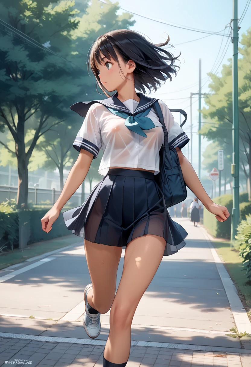 (Highest quality, masterpiece, Ultra-high resolution, (Photorealistic:1.4), RAW Photos),One girl,chool uniform,(wet:1.1), short sleeve, water drops,skirt lift,show off white panties,pull panties,undressing(Very short black hair, Amazingly cute face, Very beautiful big black eyes)), Very lean body, Very flat and beautiful Massive Breasts and a beautiful ass, An innocent smile,Showcasing cleavage, legs, stretch legs, hip, from behind, stretch legs, from behind, View Viewer, Detailed face, Fine grain, Detailed Hair, Detailed body, Thigh details,