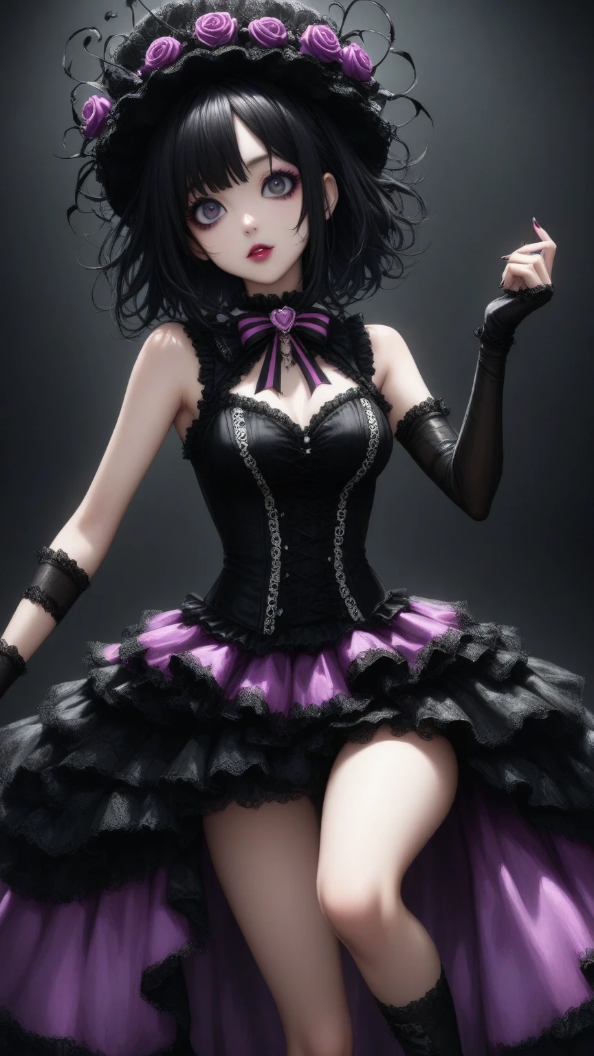(goth kawaii magical girl heroine), ((magical prom queen)), (small perky breasts), (breasts), (very drunk:1.4), leaning forward, (dancing at a (dark disco club)), (highly detailed:1.4), (high resolution photo), (detailed face and eyes:1.4), ((future funk aesthetic))