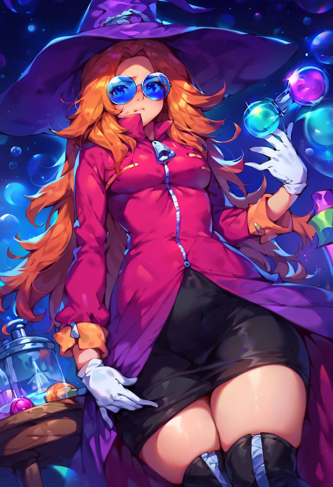 score_9, score_8_up, score_7_up, source_anime, (best quality), (masterpiece), (extremely detailed), (finely detailed), (detailed face, perfect face, perfect eyes, beautiful detailed shading), (perfect hands), (soft colors), blush, BREAK, 1girl, blue eyes, orange hair, long hair, parted bangs, (round blue-tinted eyewear), blue tinted glasses, witch hat, witch hat on head, witch dress, long sleeves, zipper pull tab, white gloves, long skirt, black skirt, zettai ryouiki, black thighhighs, thigh boots, thick thighs, breast, laboratory, close mouth, pouting cute, standing, one hand on table, one hand holding a magic wand