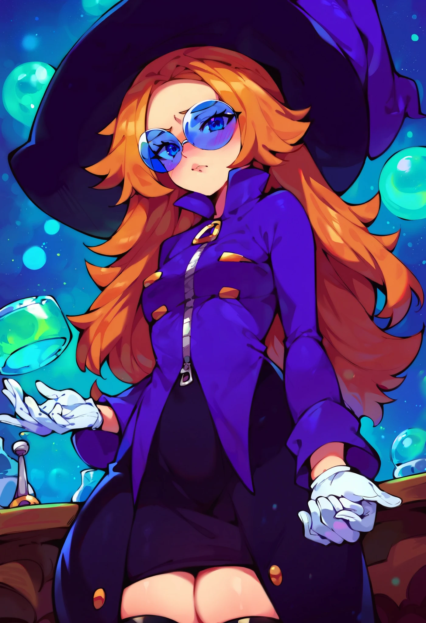 score_9, score_8_up, score_7_up, source_anime, (best quality), (masterpiece), (extremely detailed), (finely detailed), (detailed face, perfect face, perfect eyes, beautiful detailed shading), (perfect hands), (soft colors), blush, BREAK, 1girl, blue eyes, orange hair, long hair, parted bangs, (round blue-tinted eyewear), blue tinted glasses, witch hat, witch hat on head, witch dress, long sleeves, zipper pull tab, white gloves, long skirt, black skirt, zettai ryouiki, black thighhighs, thigh boots, thick thighs, breast, laboratory, close mouth, pouting cute, standing, one hand on table, one hand holding a magic wand