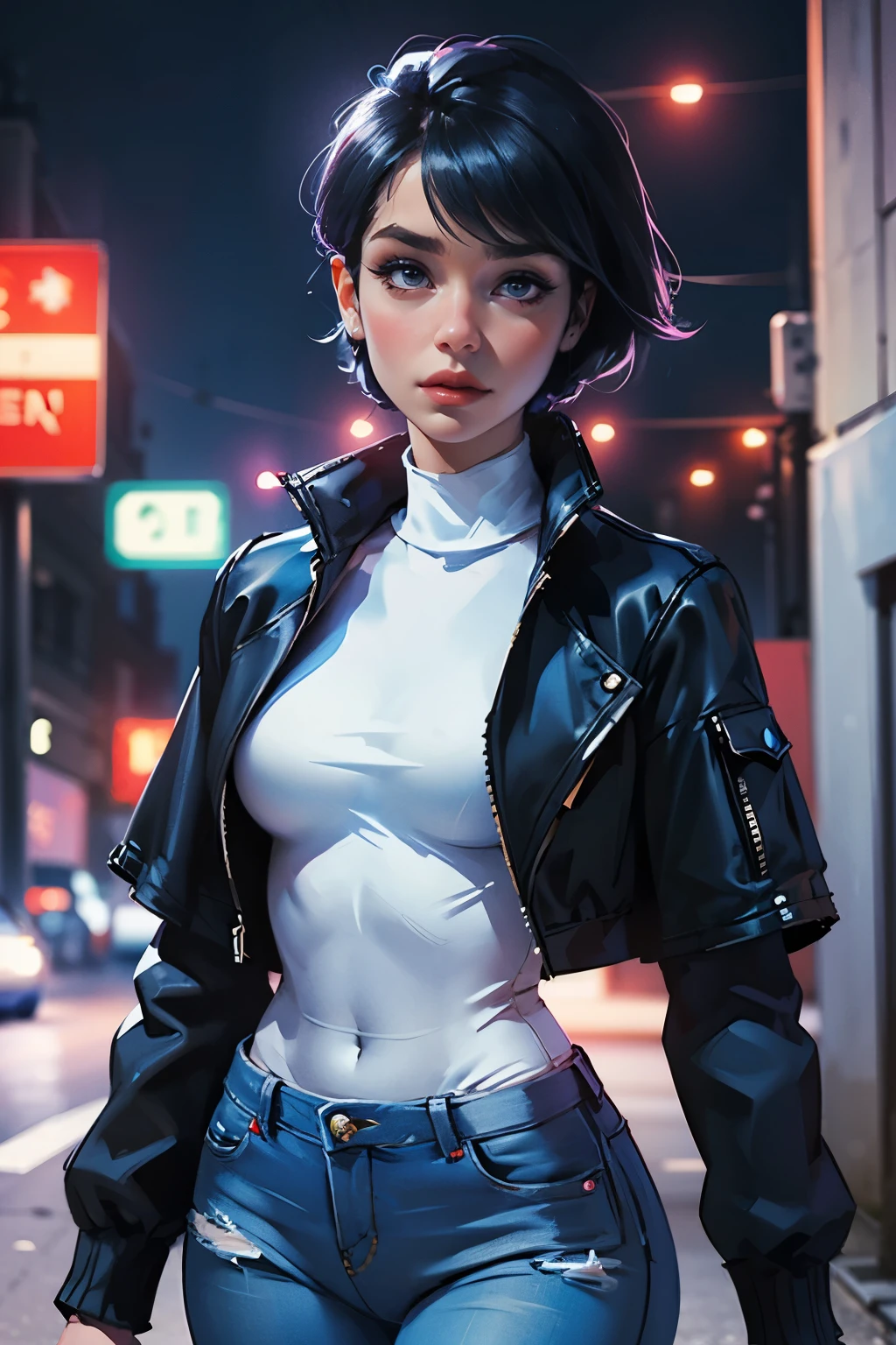 LadyBug, Paris, pretty face, Marinette Dupin-Cheng, short black pixie hair, blue women's jacket, white turtleneck tank top, jeans, white ballet flats, medium-sized breasts, slender body, , model shots, Paris at night, bright lights, neon