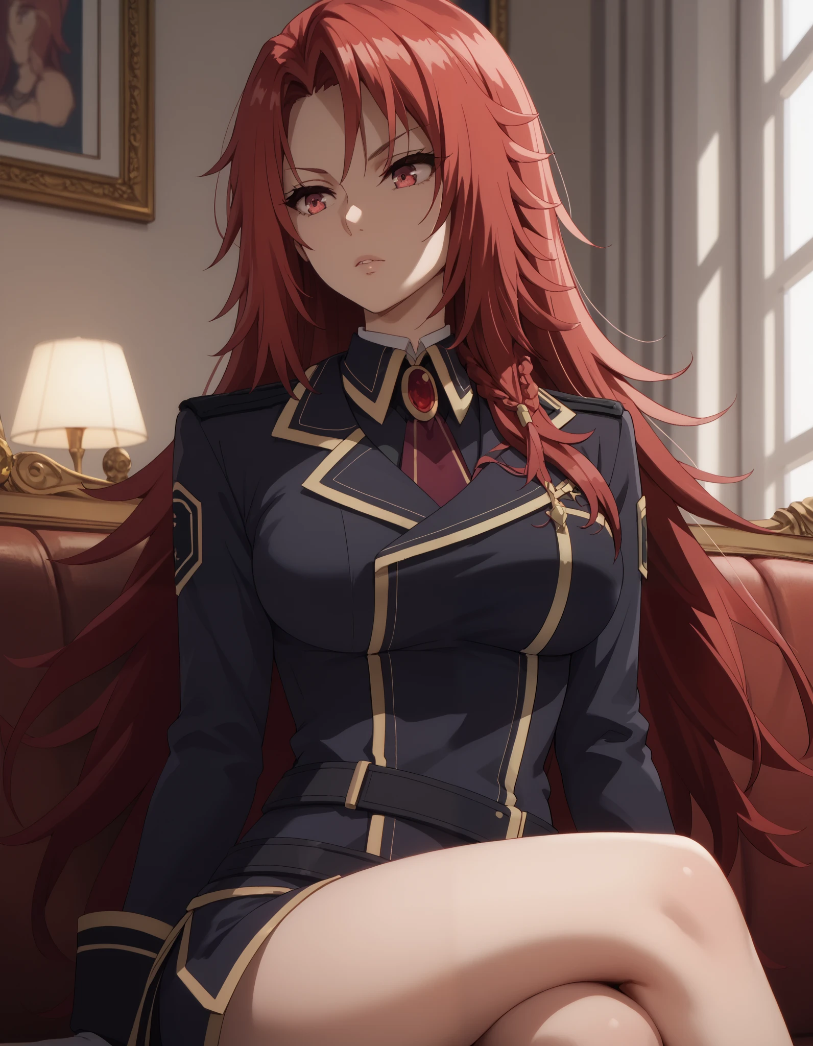 iris midgar, iris midgar (the eminence in shadow), the eminence in shadow, red hair, long hair, red eyes, black uniform, military uniform, large breasts, 1girl, solo,sitting,crossed legs