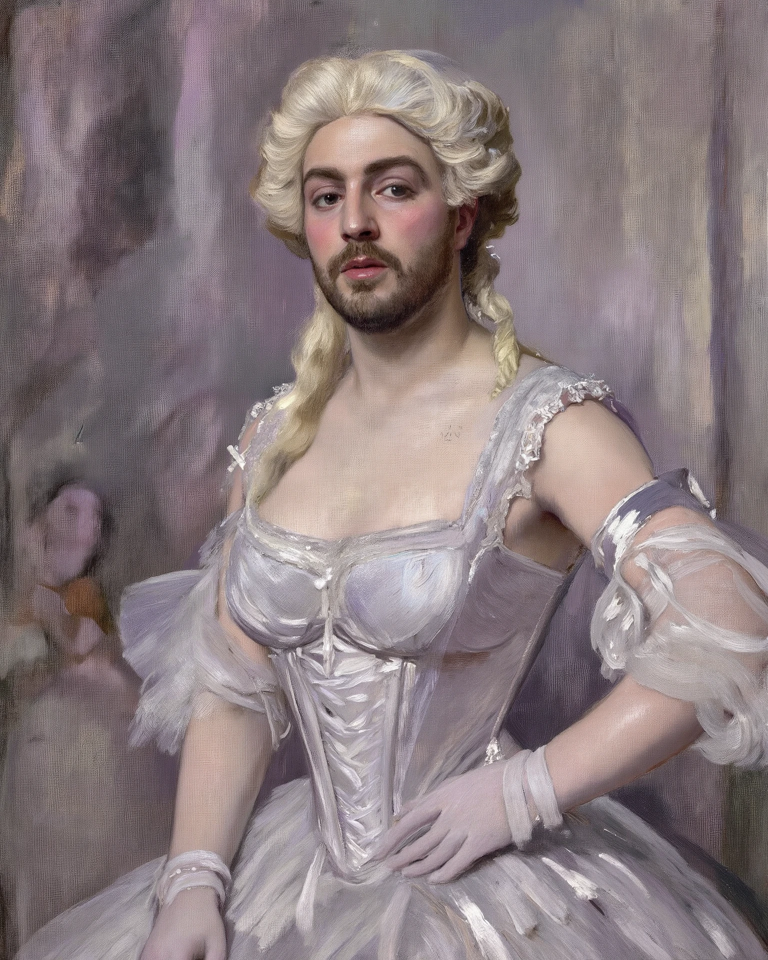 Oil pastel on canvas texture of a (veteran stage impersonator:1.6) mid-transformation into Marie Antoinette, (satin corset laces:1.5) half-tied, (powdered wig asymmetry:1.4) revealing his stubbled jaw. Candid composition with (dramatic chiaroscuro:1.5), (velvet stage curtains:1.3) parting to show ballerinas rehearsing *La Sylphide* in foggy twilight. Degas-inspired (lavender-gray palette:1.2), (unfinished brushstrokes:1.1) on his conflicted expression, [Canon EF 85mm f/1.4 lens:1.1], (tulle vs. masculinity contrast:1.4), 8K resolution, [audience murmur:0.7], (meta-theatrical melancholy:1.3).