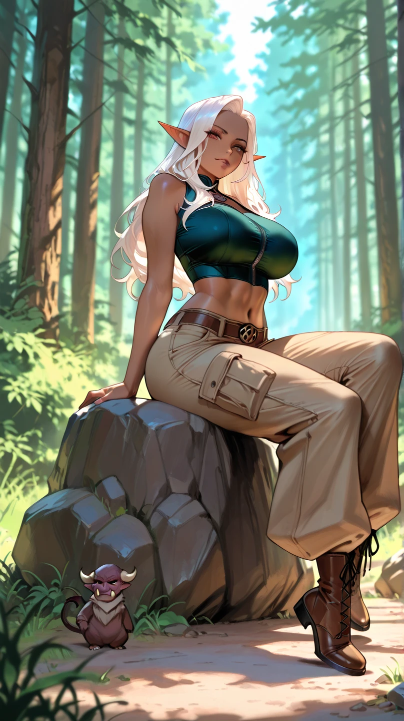(work of art, maximum quality), a girl with long white hair sitting in a field of green plants and flowers, warm moonlight, blurry foreground, change, river bank, bra shorts, anomalous eyes