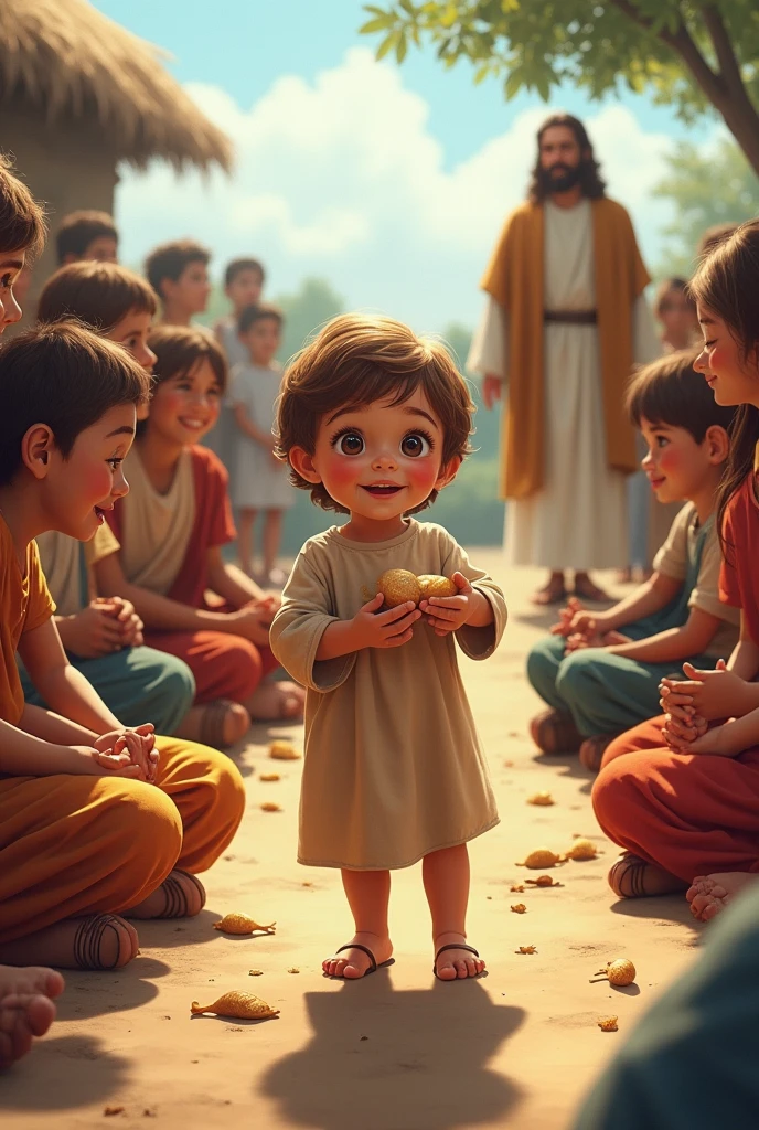 A 3D movie poster in Disney-Pixar style of Jesus as a kid after about two minutes, his friend was healed and could walk perfectly again Jesus and all of his friends continued to play.