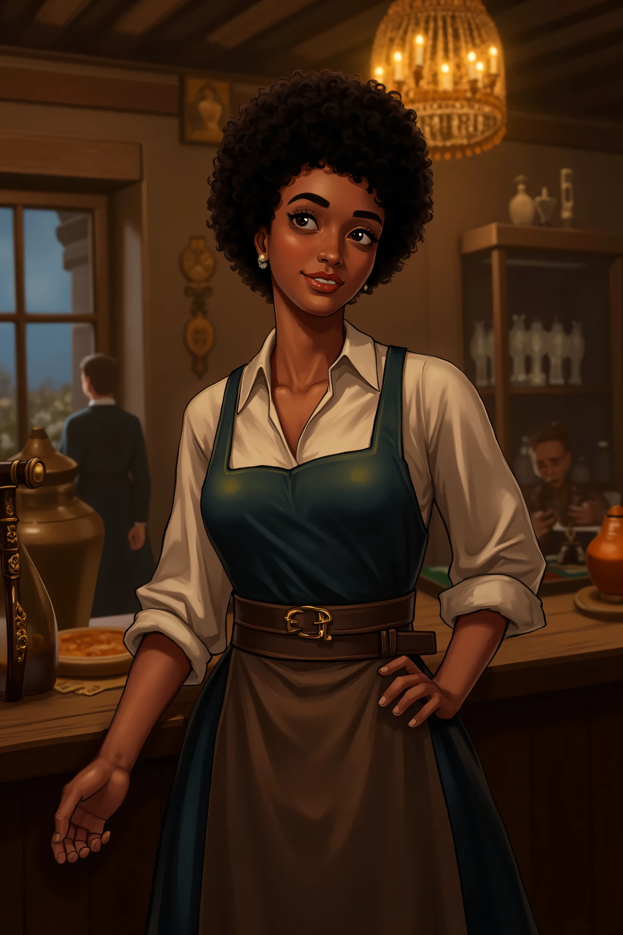 A tavern owner in the middle ages with a black skin color with frizzy hair, about 30 years old , she has an imposing smile and a welcoming air, She wears an apron