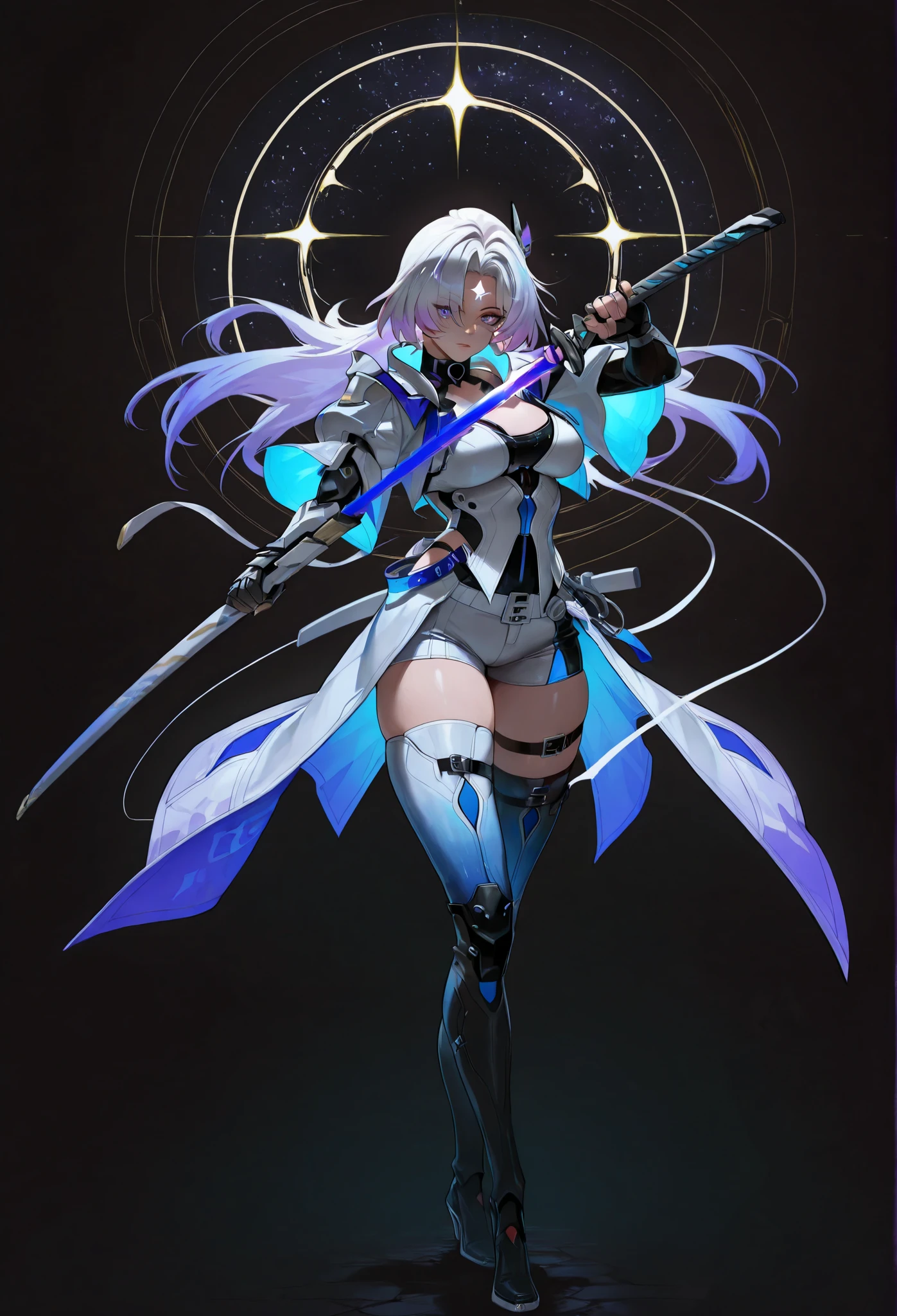 Acheron /( Honkai Star Rail )/, Acheron, masterpiece, top quality, great quality, so beautiful, fine eyes , perfect eye, Realistic eyes, depth of coverage,
facing viewer, full body, dramatic, (Combat Stance:0.7), Alone, 1 girl,
1 girl, sword, unsheathing, Katana,
cyberpunk city , night , starry sky , auroras,
cinematic , amazing, bloom,
volumetric lighting, ( Dark Background :1.4), bright colors visible from the forehead, High Contrast ,
GBF_ style