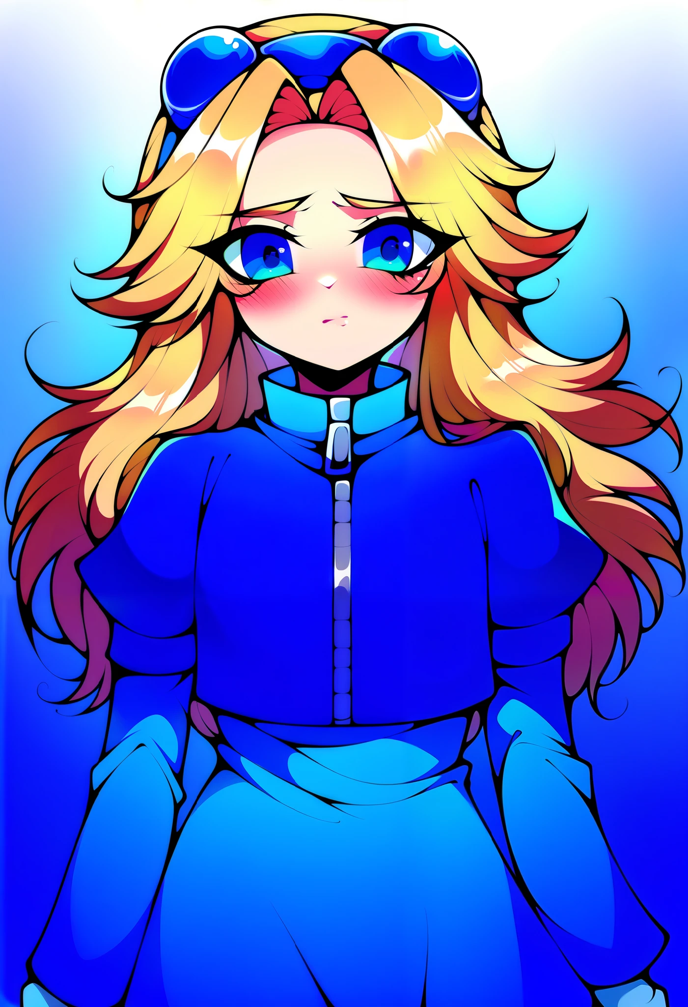score_9, score_8_up, score_7_up, source_anime, (best quality), (masterpiece), (extremely detailed), (finely detailed), (detailed face, perfect face, perfect eyes, beautiful detailed shading), (perfect hands), (soft colors), blush, BREAK, 1girl, blue eyes, blonde hair, long hair, parted bangs, round blue-tinted eyewear, blue tinted glasses, goggles, goggles on head, blue coat, long sleeves, zipper pull tab, white gloves, circle skirt, light blue skirt, zettai ryouiki, black thighhighs, thigh boots, breast, laboratory, close mouth, pouting cute, standing, unifiedmaria