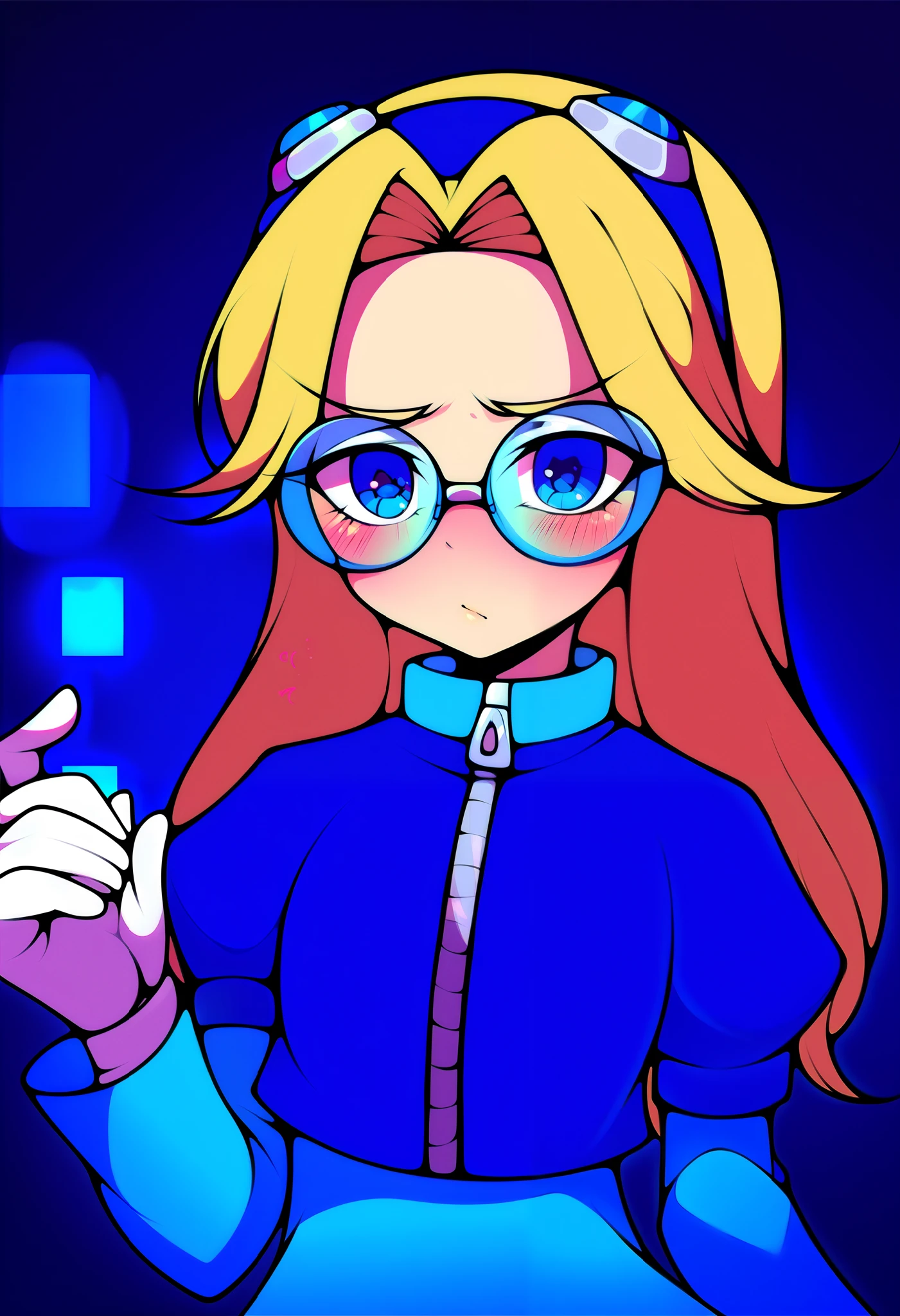 score_9, score_8_up, score_7_up, source_anime, (best quality), (masterpiece), (extremely detailed), (finely detailed), (detailed face, perfect face, perfect eyes, beautiful detailed shading), (perfect hands), (soft colors), blush, BREAK, 1girl, blue eyes, blonde hair, long hair, parted bangs, round blue-tinted eyewear, blue tinted glasses, goggles, goggles on head, blue coat, long sleeves, zipper pull tab, white gloves, circle skirt, light blue skirt, zettai ryouiki, black thighhighs, thigh boots, breast, laboratory, close mouth, pouting cute, standing, unifiedmaria
