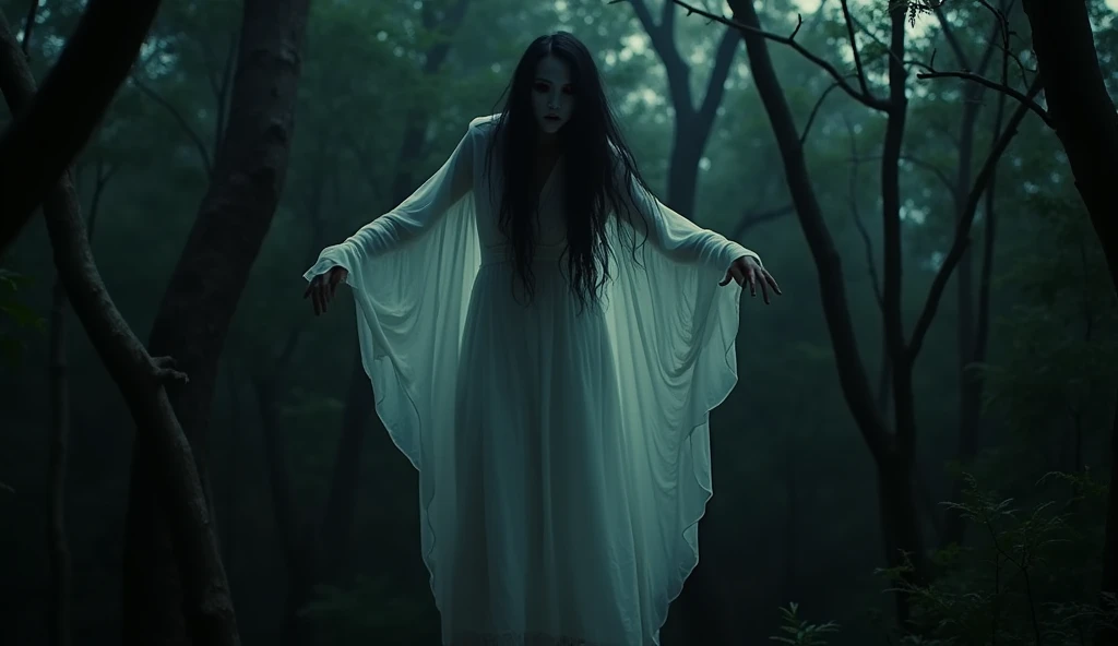 A young lady, open hair, black hair, wearing a white trousers, blue and white design tunic, white scarf, sitting on a cradle hanging from a big tree, horror vibe in the scene,two ghosts are looking from both sides of the girl, scary ghost