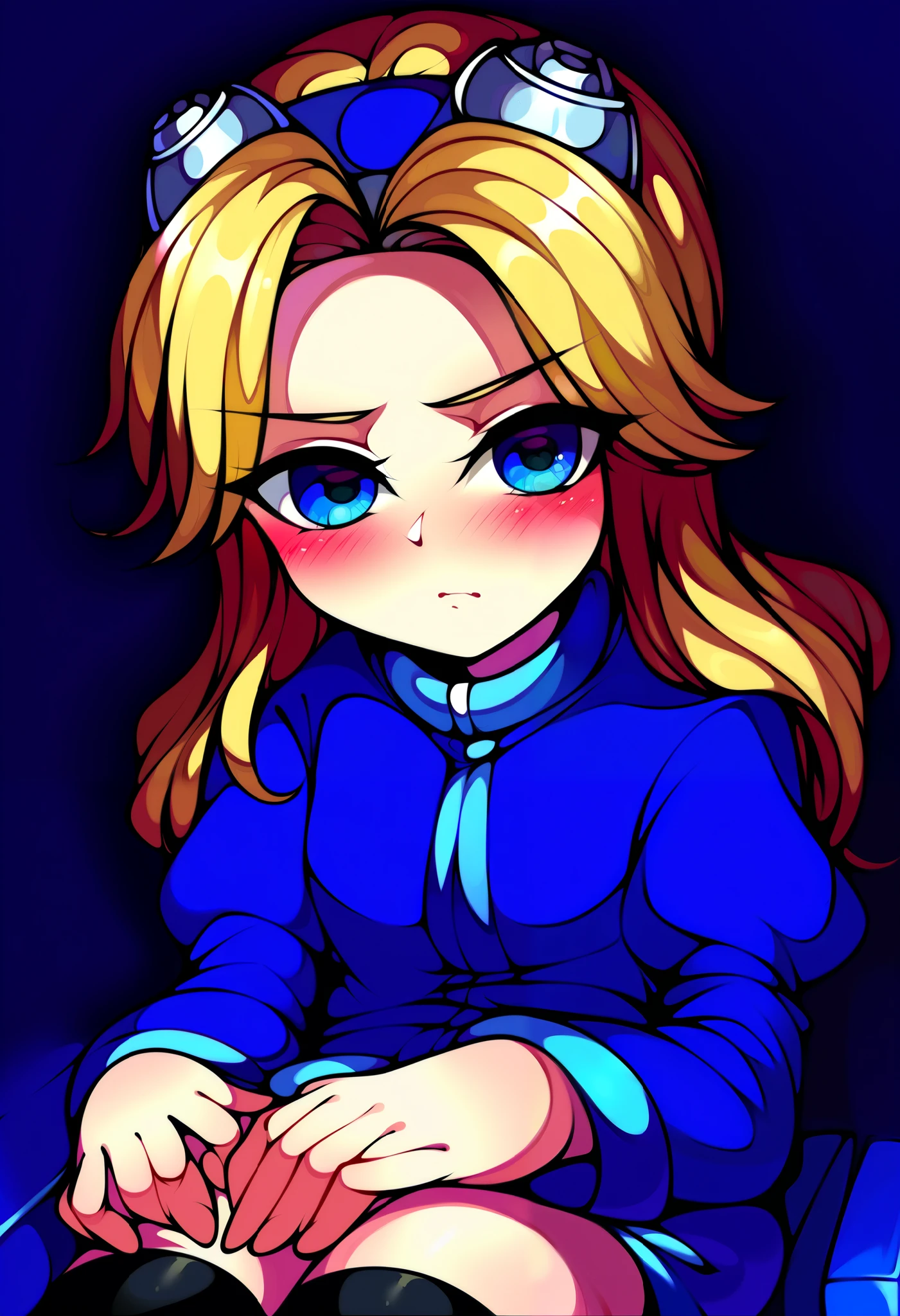 score_9, score_8_up, score_7_up, source_anime, (best quality), (masterpiece), (extremely detailed), (finely detailed), (detailed face, perfect face, perfect eyes, beautiful detailed shading), (perfect hands), (soft colors), blush, BREAK, 1girl, blue eyes, blonde hair, long hair, parted bangs, round blue-tinted eyewear, blue tinted glasses, goggles, goggles on head, blue coat, long sleeves, zipper pull tab, white gloves, circle skirt, light blue skirt, zettai ryouiki, black thighhighs, thigh boots, breast, laboratory, close mouth, pouting cute, sitting in chair, unifiedmaria

