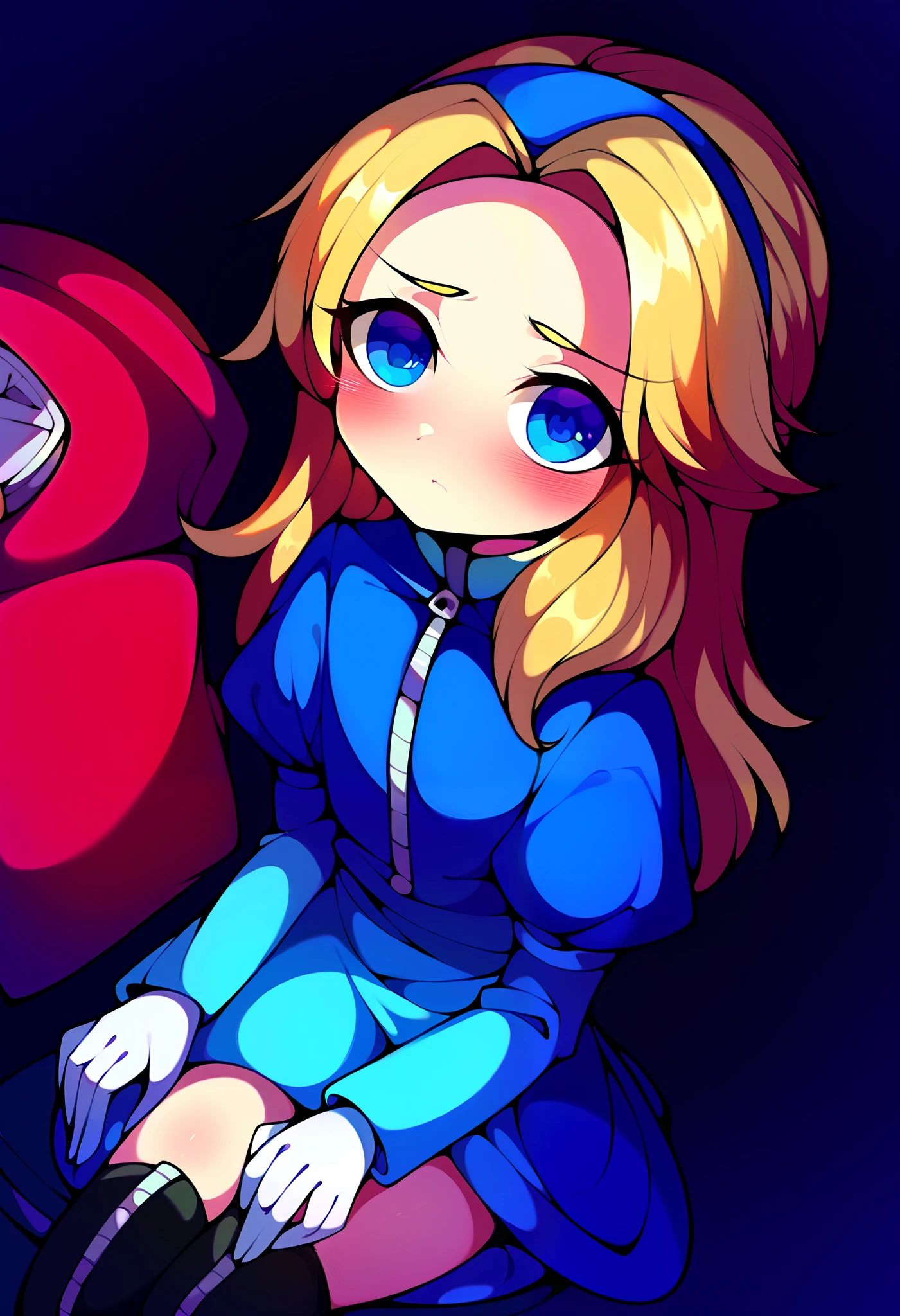score_9, score_8_up, score_7_up, source_anime, (best quality), (masterpiece), (extremely detailed), (finely detailed), (detailed face, perfect face, perfect eyes, beautiful detailed shading), (perfect hands), (soft colors), blush, BREAK, 1girl, blue eyes, blonde hair, long hair, parted bangs, round blue-tinted eyewear, blue tinted glasses, goggles, goggles on head, blue coat, long sleeves, zipper pull tab, white gloves, circle skirt, light blue skirt, zettai ryouiki, black thighhighs, thigh boots, breast, laboratory, close mouth, pouting cute, sitting in chair, unifiedmaria