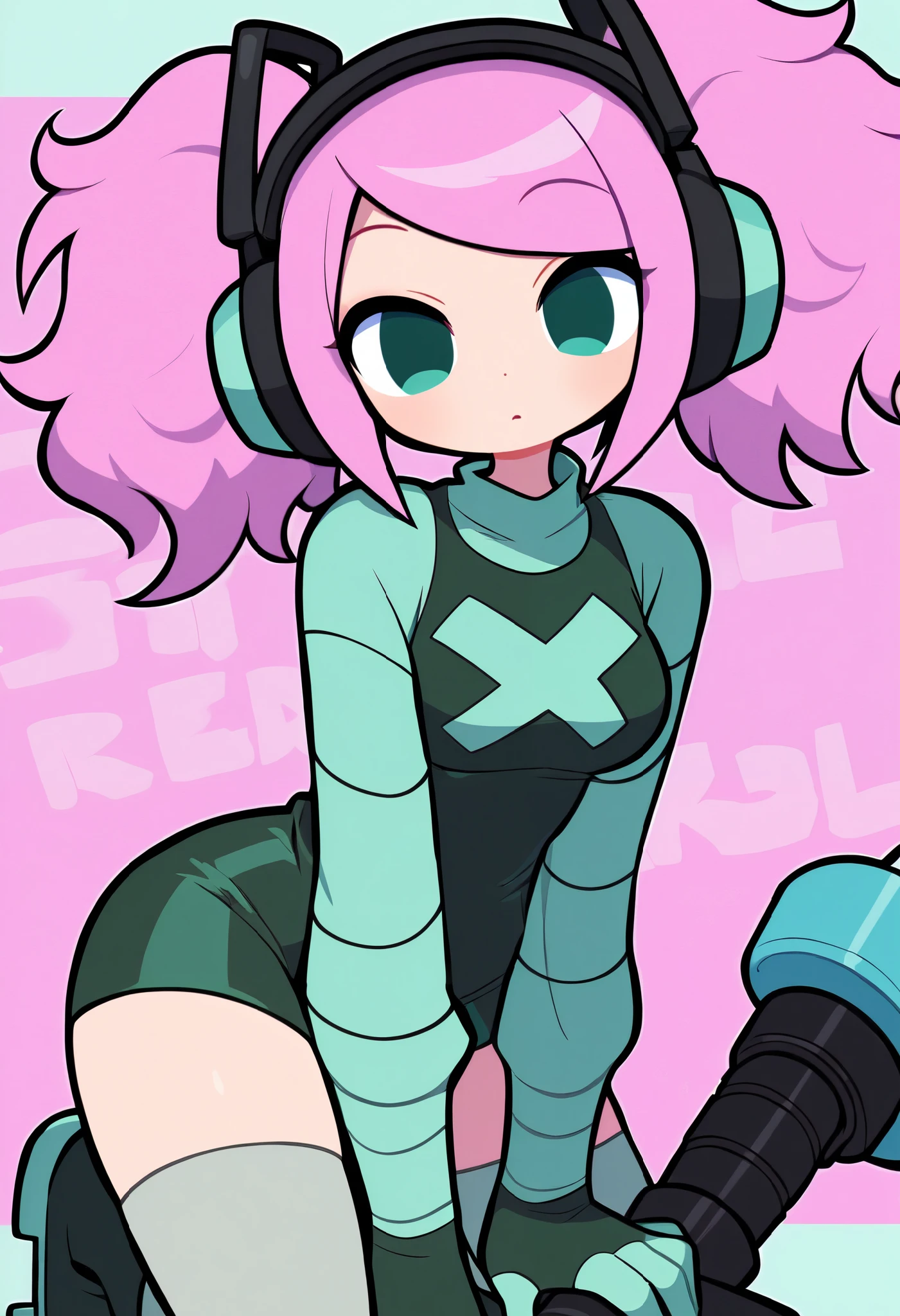 Jet Set Radio style roller skater graffiti girl woman with bangs and pigtails and headphones 