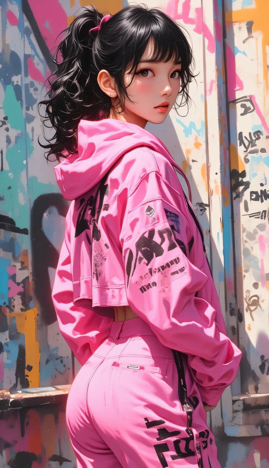 beautiful kpop idol girl wearing a pink hip-hop outfit covered elegantly, her curly long black hair beauty in ponytail, against the backdrop of a graffiti wall during the day, arms behind back,