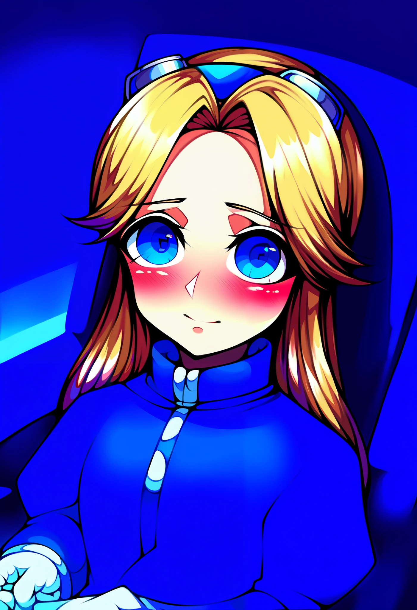score_9, score_8_up, score_7_up, source_anime, (best quality), (masterpiece), (extremely detailed), (finely detailed), (detailed face, perfect face, perfect eyes, beautiful detailed shading), (perfect hands), (soft colors), blush, BREAK, 1girl, blue eyes, blonde hair, long hair, parted bangs, round blue-tinted eyewear, blue tinted glasses, goggles, goggles on head, blue coat, long sleeves, zipper pull tab, white gloves, circle skirt, light blue skirt, zettai ryouiki, black thighhighs, thigh boots, medium breast, (laboratory), close mouth, sitting in chair, advanced computer, unifiedmaria, Maria dressed similarly to Eggma’am
