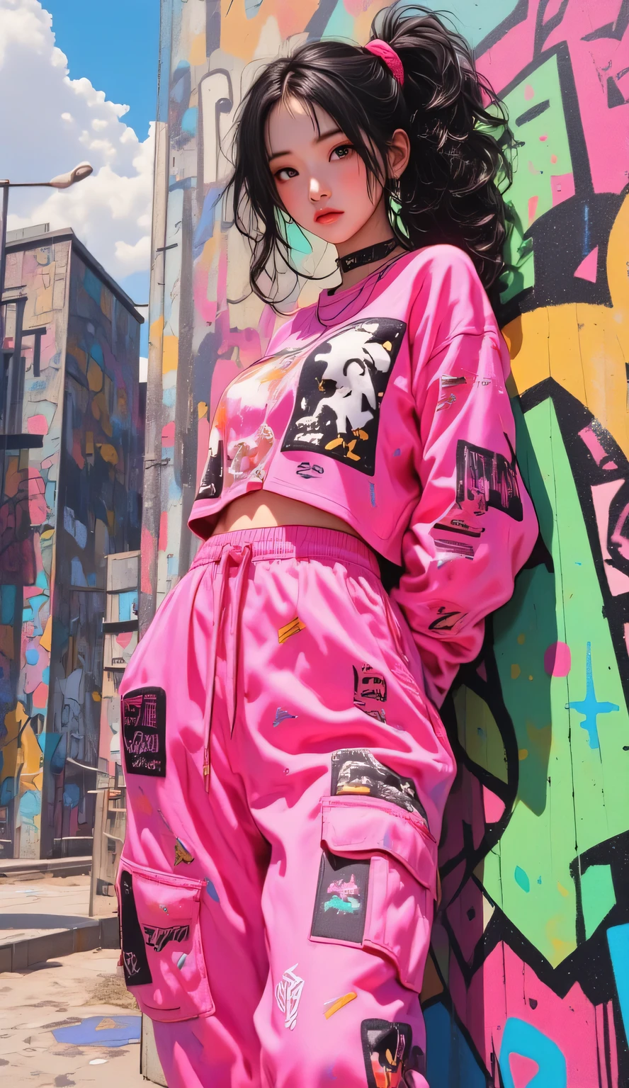 beautiful kpop idol girl wearing a pink hip-hop outfit covered elegantly, her curly long black hair beauty in ponytail, against the backdrop of a graffiti wall during the day, arms behind back,
