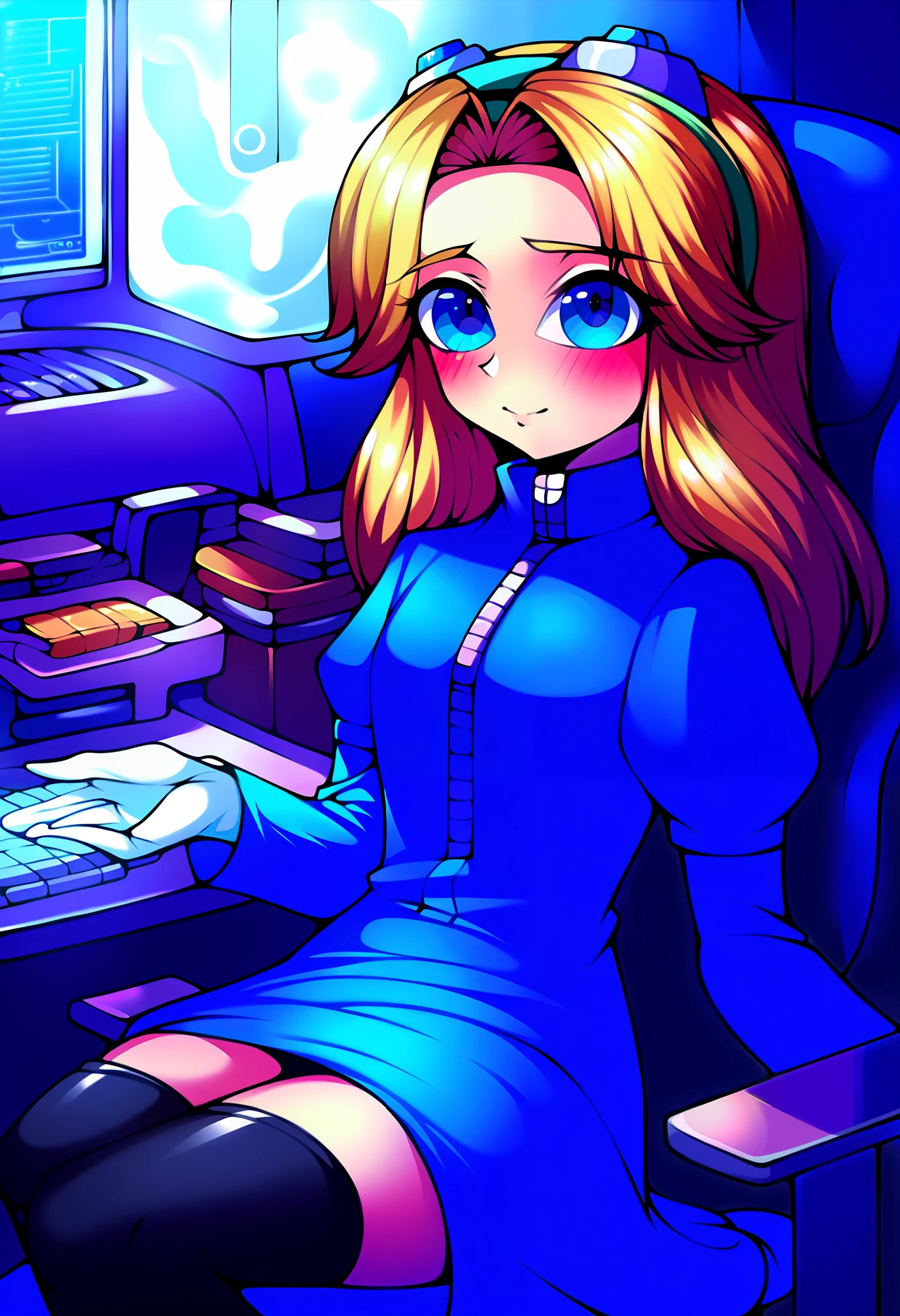 score_9, score_8_up, score_7_up, source_anime, (best quality), (masterpiece), (extremely detailed), (finely detailed), (detailed face, perfect face, perfect eyes, beautiful detailed shading), (perfect hands), (soft colors), blush, BREAK, 1girl, blue eyes, blonde hair, long hair, parted bangs, round blue-tinted eyewear, blue tinted glasses, goggles, goggles on head, blue coat, long sleeves, zipper pull tab, white gloves, circle skirt, light blue skirt, zettai ryouiki, black thighhighs, thigh boots, medium breast, (laboratory), close mouth, sitting in chair, advanced computer, unifiedmaria, Maria dressed similarly to Eggma’am