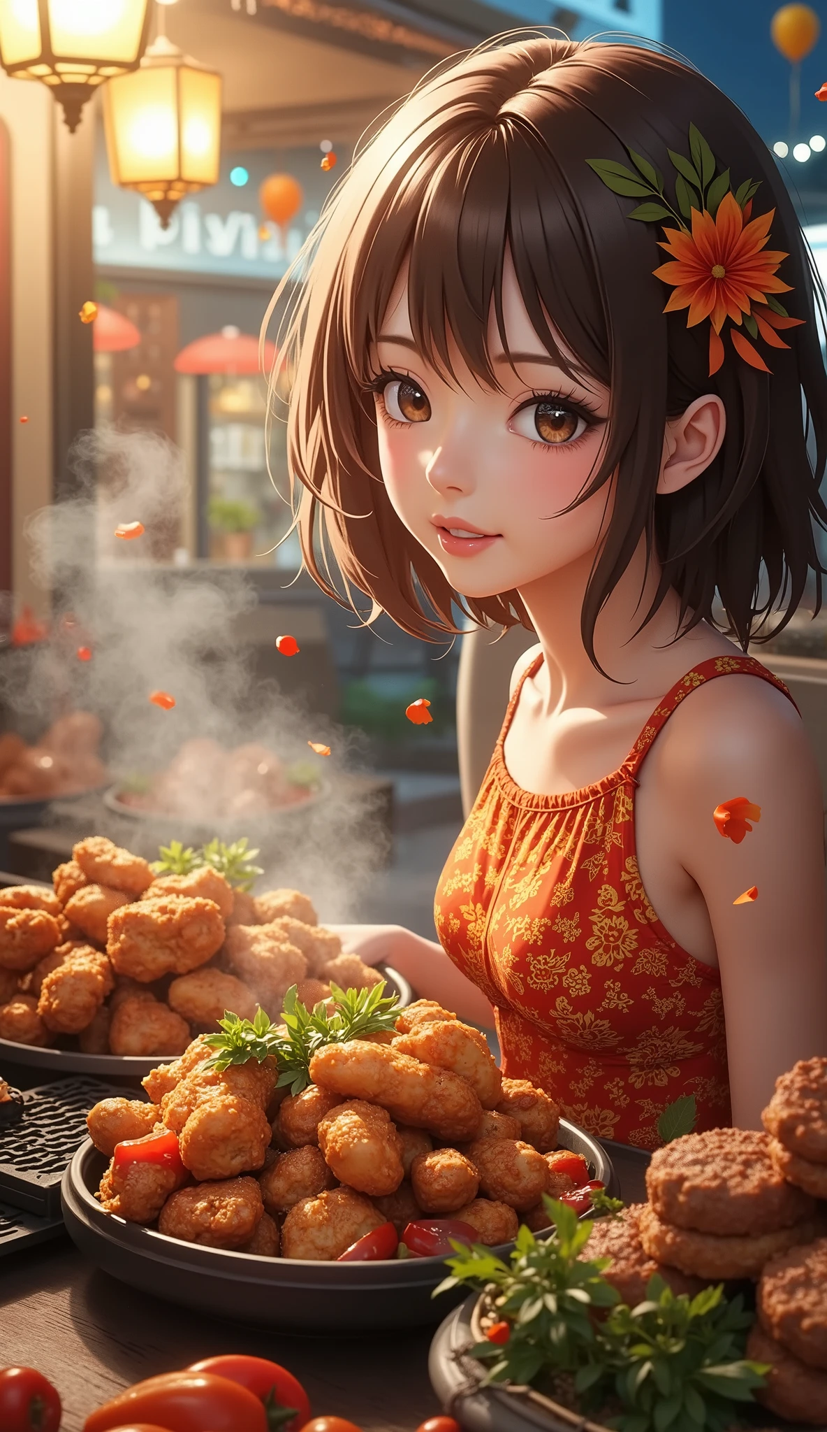 ((Delicate)),( Japanese anime style, manga:1.25), ( top quality:1.6), ( super high resolution :1.5), (Dramatic:1.75), 8k resolution for ren, Mexican food stall 、 extremely spicy fried chicken served with jalapeno pepper、 lots of jalapeno peppers 、 lots of red capsicum 、 steam rising 、