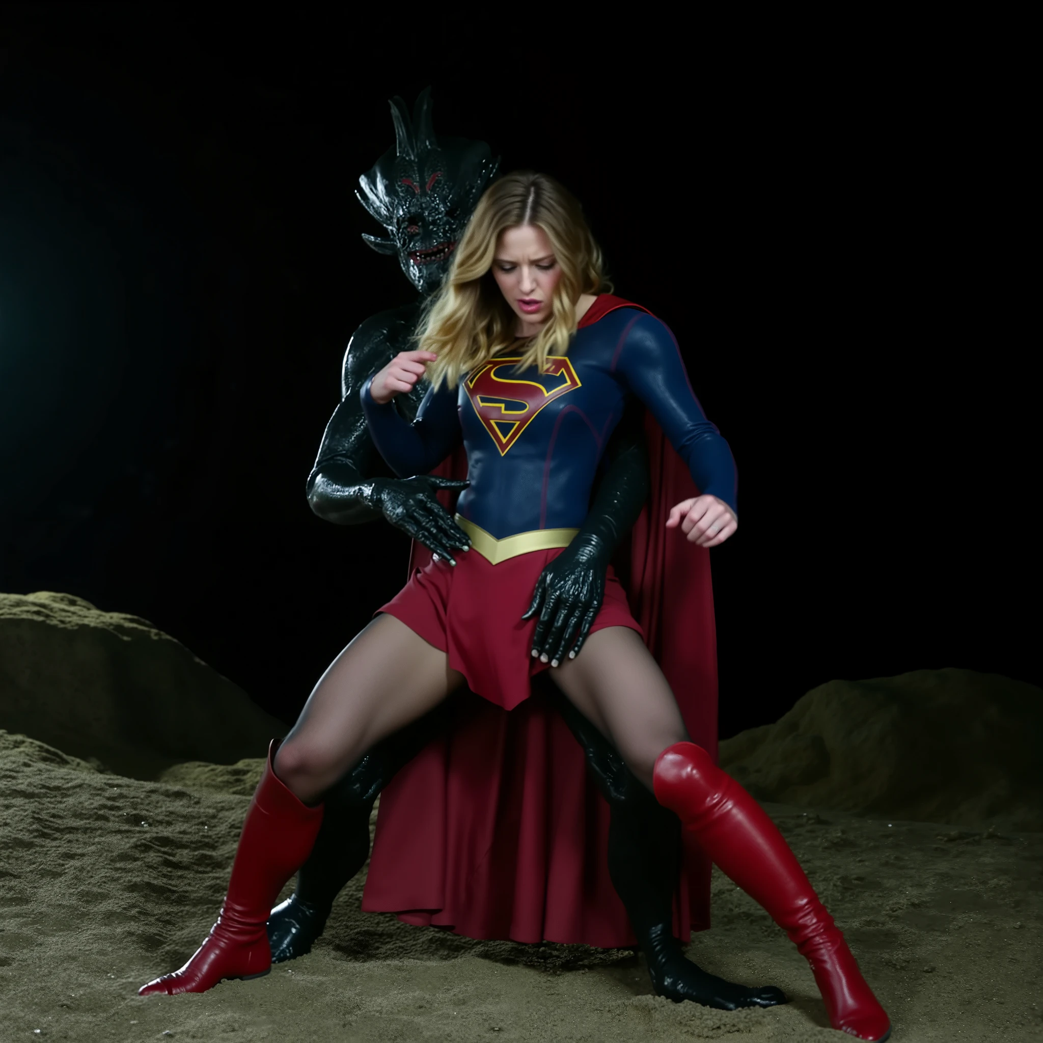 Supergirl is raped by an alien monster, very bright white skin, her legs are wide out, can see whole body, She is wearing a thin black pantyhose, short red skirt, red knee height long boots, blonde hair, She is unconscious, seriously injured, painful, a fierce Alien Monster Straddling the body of Supergirl and attach between Supergirl legs, he spread her legs out and get in between her legs and push his penis in to her skirt, he push her chest and press her wrist down, photorealistic, hyperrealism, night time, underground cave,