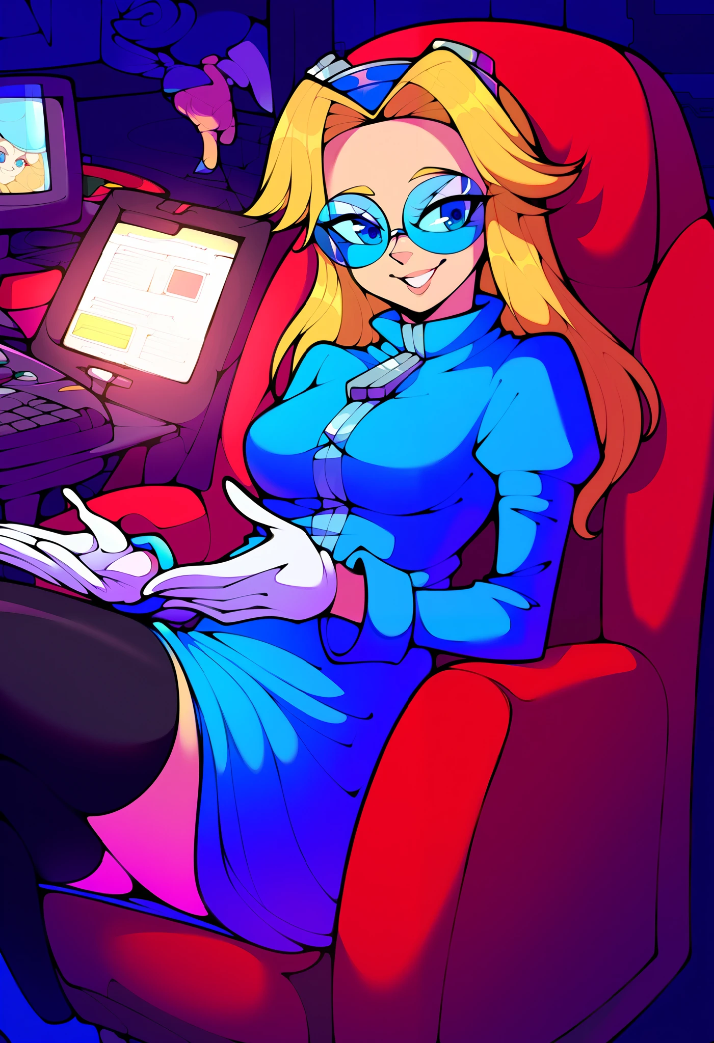 score_9, score_8_up, score_7_up, source_anime, (best quality), (masterpiece), (extremely detailed), (finely detailed), (detailed face, perfect face, perfect eyes, beautiful detailed shading), (perfect hands), (soft colors), BREAK, 1girl, blue eyes, blonde hair, long hair, parted bangs, round blue-tinted eyewear, blue tinted glasses, goggles, goggles on head, ((Eggma’am coat but blue)), blue coat, long sleeves, zipper pull tab, white gloves, (large circle skirt), light blue skirt, zettai ryouiki, black thighhighs, thigh boots, (large breast), (laboratory), close mouth, small smile, bad girl, sitting in chair, advanced computer, unifiedmaria, Maria dressed similarly to Eggma’am, older version of Maria, adult Maria
