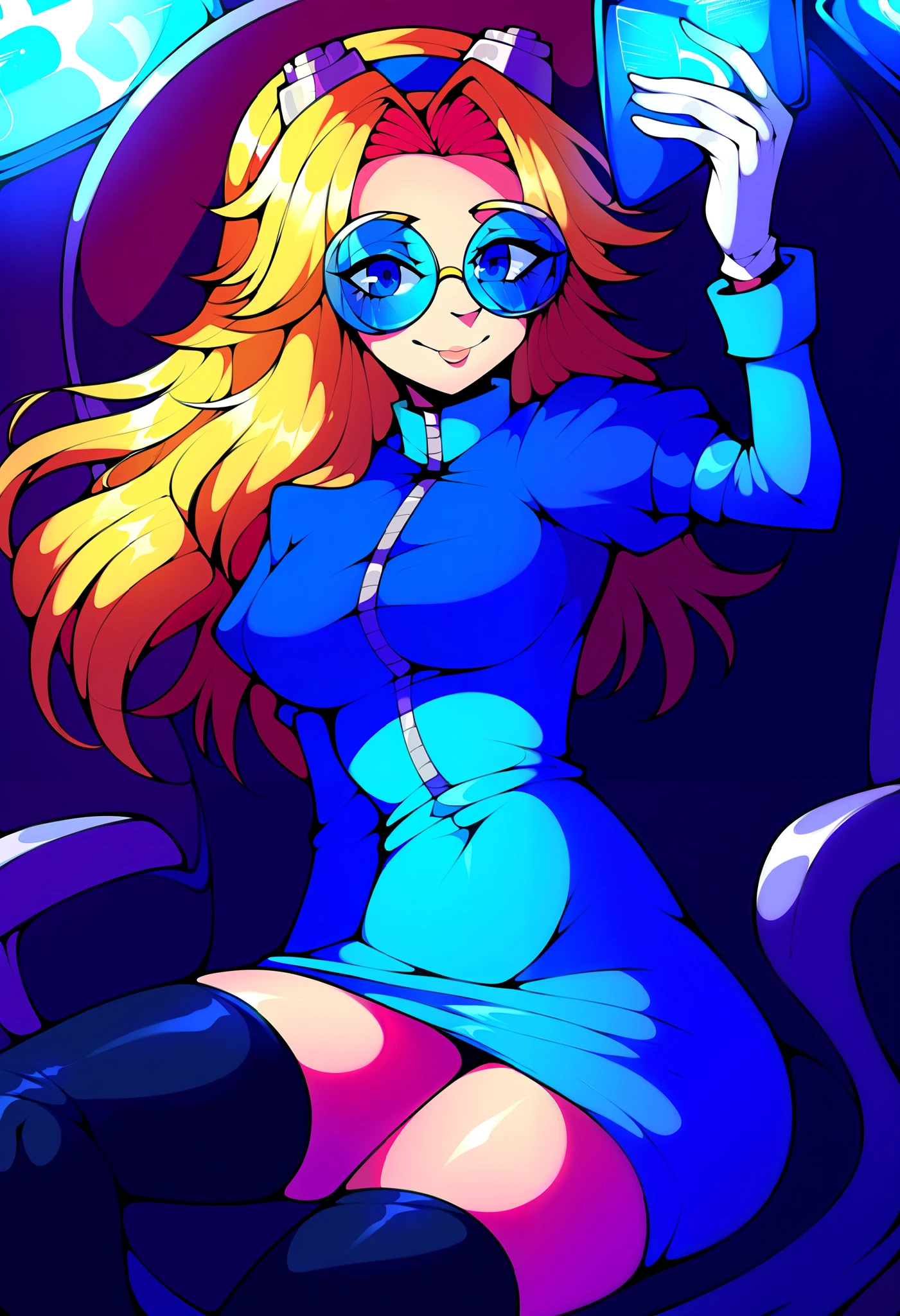 score_9, score_8_up, score_7_up, source_anime, (best quality), (masterpiece), (extremely detailed), (finely detailed), (detailed face, perfect face, perfect eyes, beautiful detailed shading), (perfect hands), (soft colors), BREAK, 1girl, blue eyes, blonde hair, long hair, parted bangs, round blue-tinted eyewear, blue tinted glasses, goggles, goggles on head, ((Eggma’am coat but blue)), blue coat, long sleeves, zipper pull tab, white gloves, (large circle skirt), light blue skirt, zettai ryouiki, black thighhighs, thigh boots, (large breast), (laboratory), close mouth, small smile, bad girl, sitting in chair, advanced computer, unifiedmaria, Maria dressed similarly to Eggma’am, older version of Maria, adult Maria