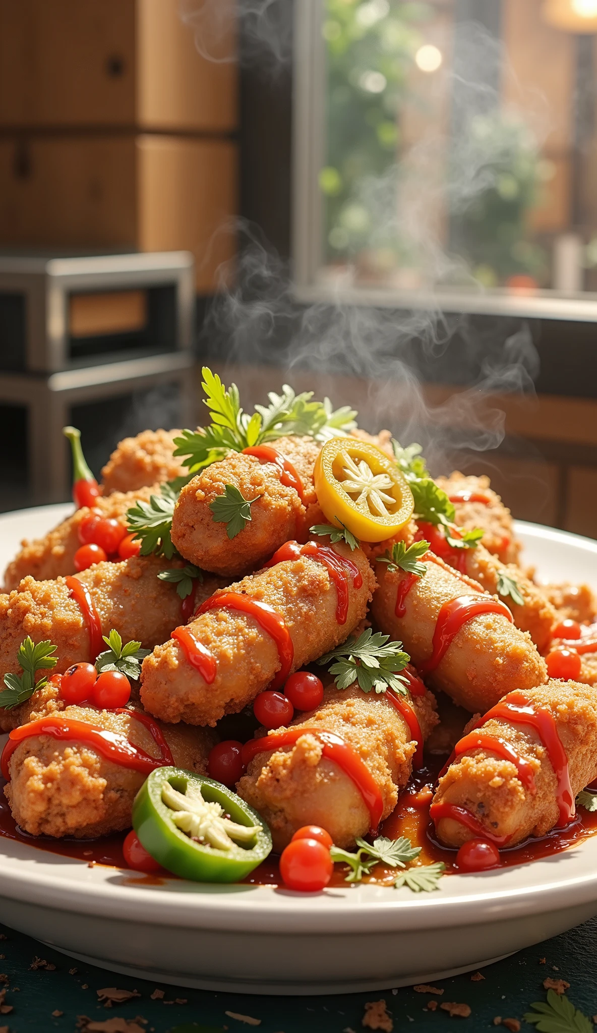 ((Delicate))，( Japanese anime style,  manga:1.25), ( top quality:1.6), (  super high resolution :1.5), (Dramatic:1.75),  8k resolution for  ren, Mexican Food 、 Super Spicy Fried Chicken with Jalapeno Pepper、 lots of jalapeno peppers 、chili sauce、 steam rising 、
