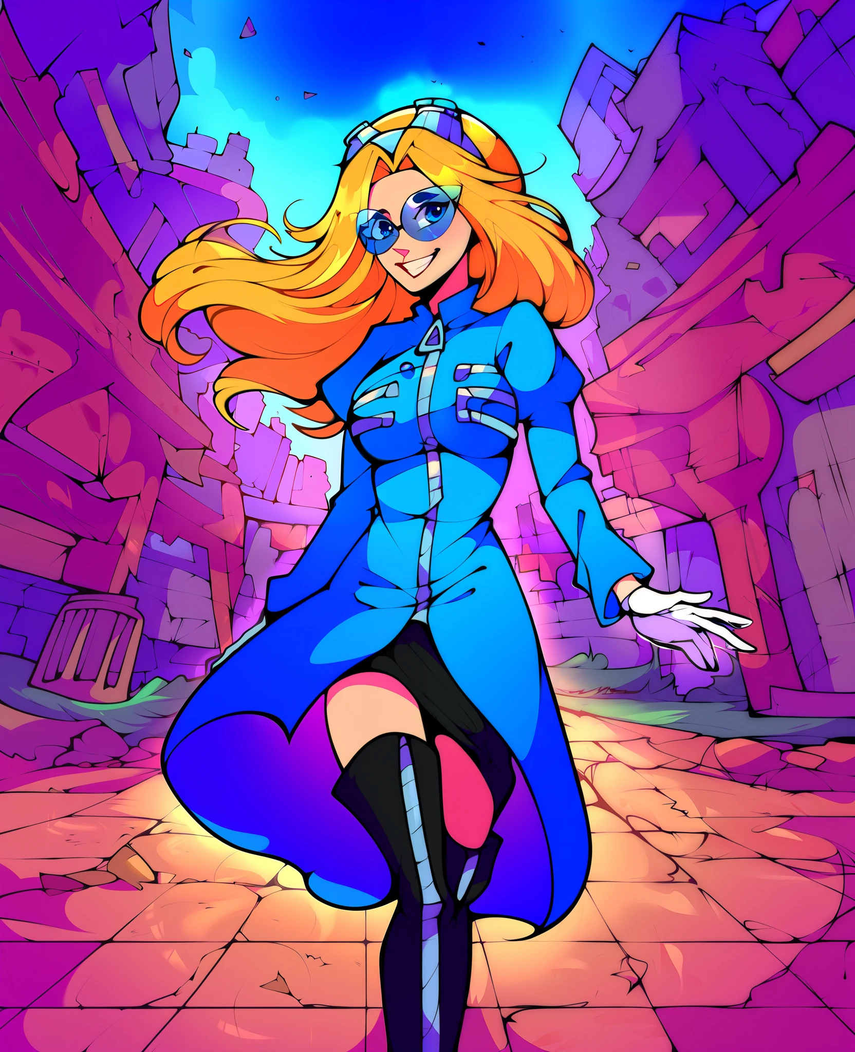 score_9, score_8_up, score_7_up, source_anime, (best quality), (masterpiece), (extremely detailed), (finely detailed), (detailed face, perfect face, perfect eyes, beautiful detailed shading), (perfect hands), (soft colors), BREAK, 1girl, blue eyes, blonde hair, long hair, parted bangs, round blue-tinted eyewear, blue tinted glasses, goggles, goggles on head, ((Eggma’am coat but blue)), blue coat, long sleeves, zipper pull tab, white gloves, long dress/skirt, (large circle skirt), light blue skirt, skirt lightly blown by wind, hair blown by wind, black thighhighs, thigh boots, (large breast), (city ruins), broken buildings, pillars of smoke, close mouth, furrowed brows, small smile, bad girl, walking, unifiedmaria, Maria dressed similarly to Eggma’am, older version of Maria, adult Maria
