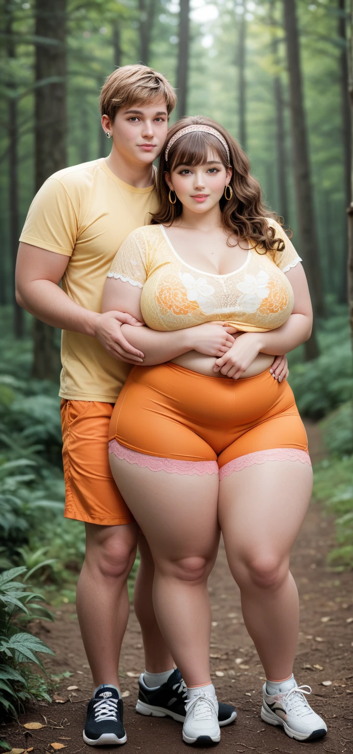 Cuckold chubby mature thic bbw white (56 fifty-six years old) hotwife, brown long hair, chubby belly,wearing pink sportswear, golden necklace, kissing with tall man, one man hugging fron behind,horny expression, romance in the forest,romantic,love,lust,full of people walking, illustrations, ultra-detailed, realistic, vivid colors, full body picture, warm tones, soft lighting,
