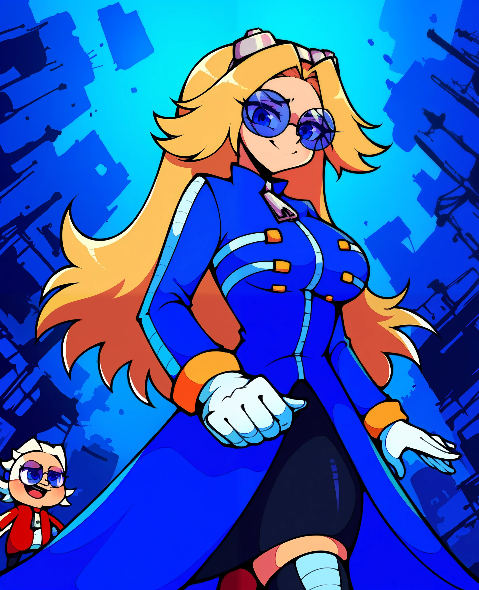 score_9, score_8_up, score_7_up, source_anime, (best quality), (masterpiece), (extremely detailed), (finely detailed), (detailed face, perfect face, perfect eyes, beautiful detailed shading), (perfect hands), (soft colors), BREAK, 1girl, blue eyes, blonde hair, long hair, parted bangs, round blue-tinted eyewear, blue tinted glasses, goggles, goggles on head, ((Eggma’am coat but blue)), Eggmaam jacket, blue jacket, blue coat, long sleeves, zipper pull tab, white gloves, (long dress/circle skirt), (large circle skirt), light blue skirt, skirt lightly blown by wind, hair blown by wind, black thighhighs, thigh boots, (large breast), (city ruins), broken buildings, pillars of smoke, close mouth, furrowed brows, small smile, bad guy, walking, unifiedmaria, Maria dressed similarly to Eggma’am, older version of Maria, adult Maria