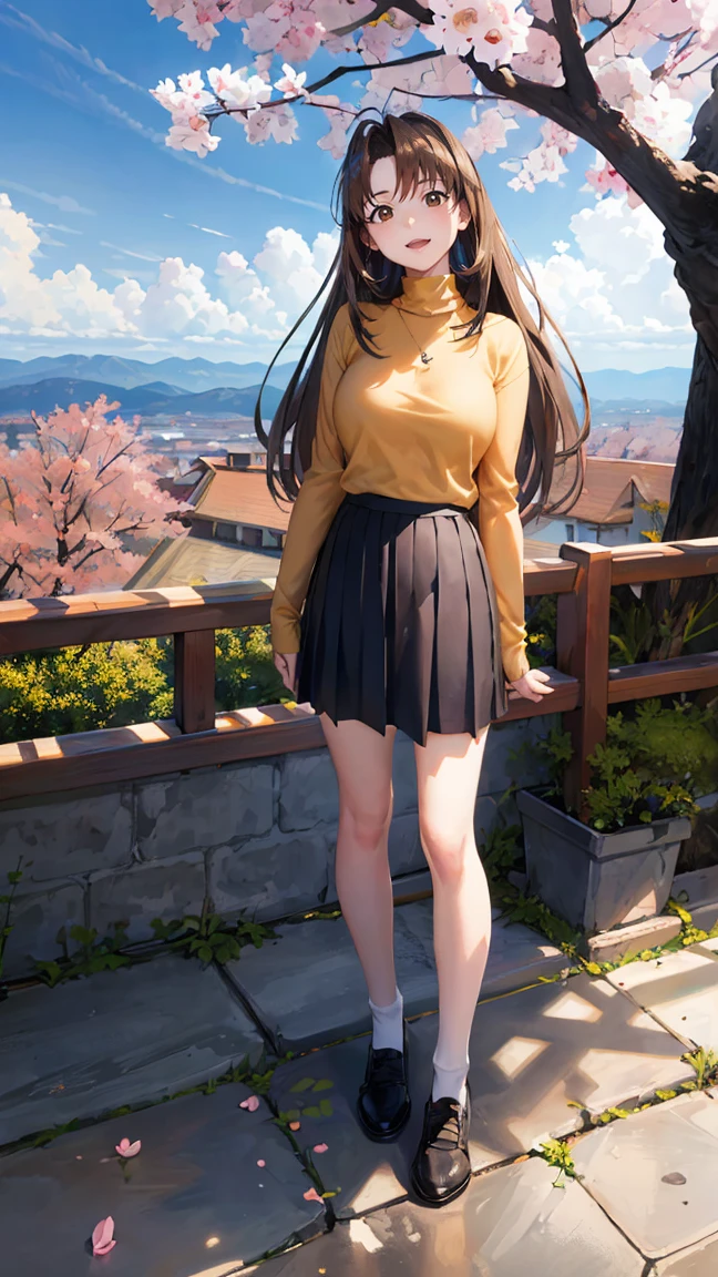 naru narusegawa, long hairs, yellow turtleneck, (red pleated skirt:1.1), looking at viewer, full body shot, sakura trees in background, blue sky, beautiful face, highly detailled eyes, masterpiece, absurdres