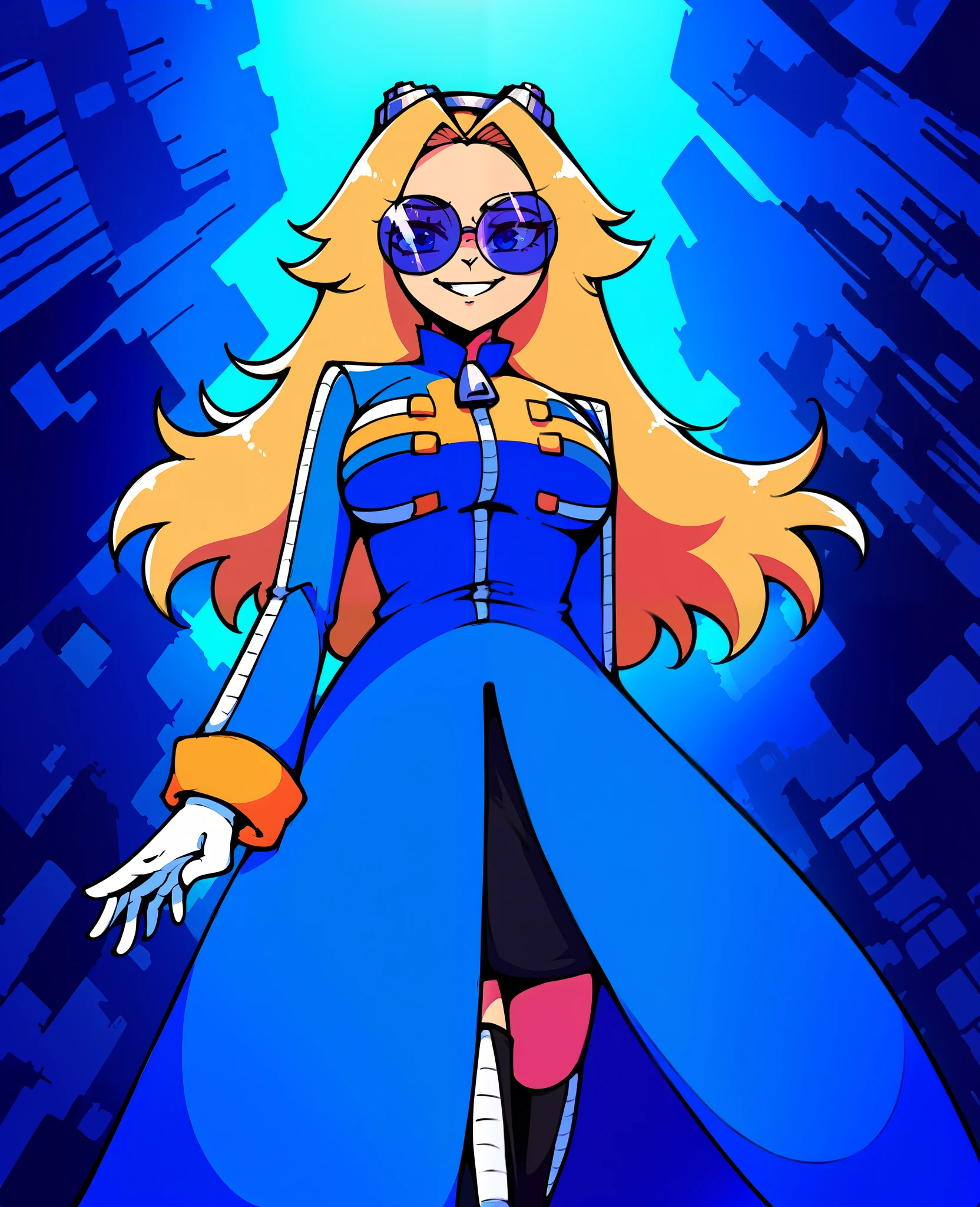 score_9, score_8_up, score_7_up, source_anime, (best quality), (masterpiece), (extremely detailed), (finely detailed), (detailed face, perfect face, perfect eyes, beautiful detailed shading), (perfect hands), (soft colors), BREAK, 1girl, blue eyes, blonde hair, long hair, parted bangs, round blue-tinted eyewear, blue tinted glasses, goggles, goggles on head, ((Eggma’am coat but blue)), Eggmaam jacket, blue jacket, blue coat, long sleeves, zipper pull tab, white gloves, (long dress/circle skirt), (large circle skirt), light blue skirt, skirt lightly blown by wind, hair blown by wind, black thighhighs, thigh boots, (large breast), (city ruins), broken buildings, pillars of smoke, close mouth, furrowed brows, small smile, bad guy, walking, unifiedmaria, Maria dressed similarly to Eggma’am, older version of Maria, adult Maria