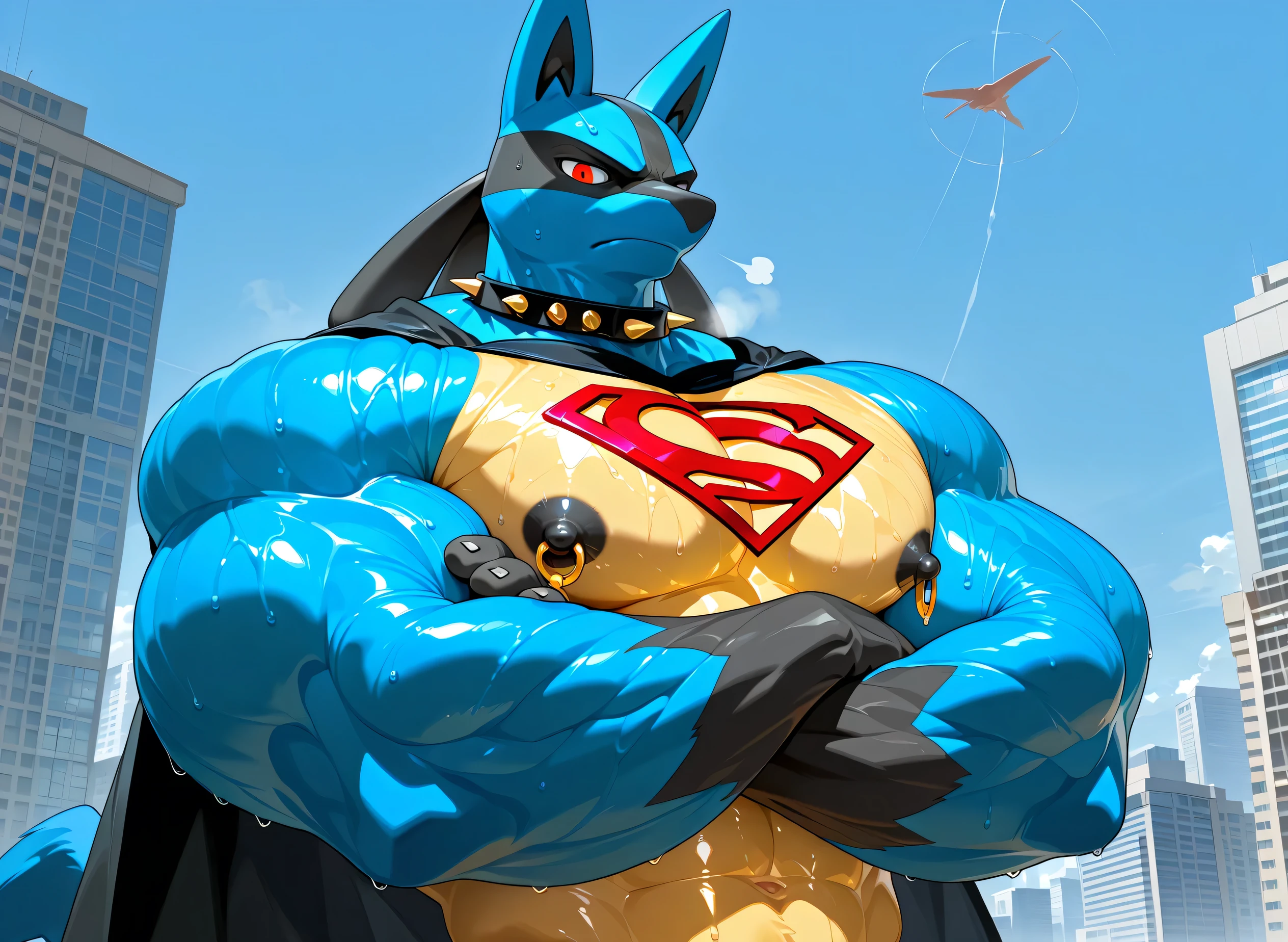 kemono, by null-ghost, by zixiong, solo, male, tail, Lucario, anthro, black nipples, big nipples, gold nipple rings, sweaty, handsome, broad shoulders, broad chest, huge muscular, posing, thick neck, thick arms, blue arms, pectorals crushing city, bedroom eyes, looking at viewer, angry, macro, city, buildings, wearing gold chains around neck, wearing a spiked collar on his neck, wearing superman outfit, superman symbol on center of chest, black cape, detailed background, sweaty, crossed arms, low view, close shot of chest and face, body fills frame, BREAK score_9_up,score_8_up,score_7_up,score_6_up,score_5_up,score_4_up