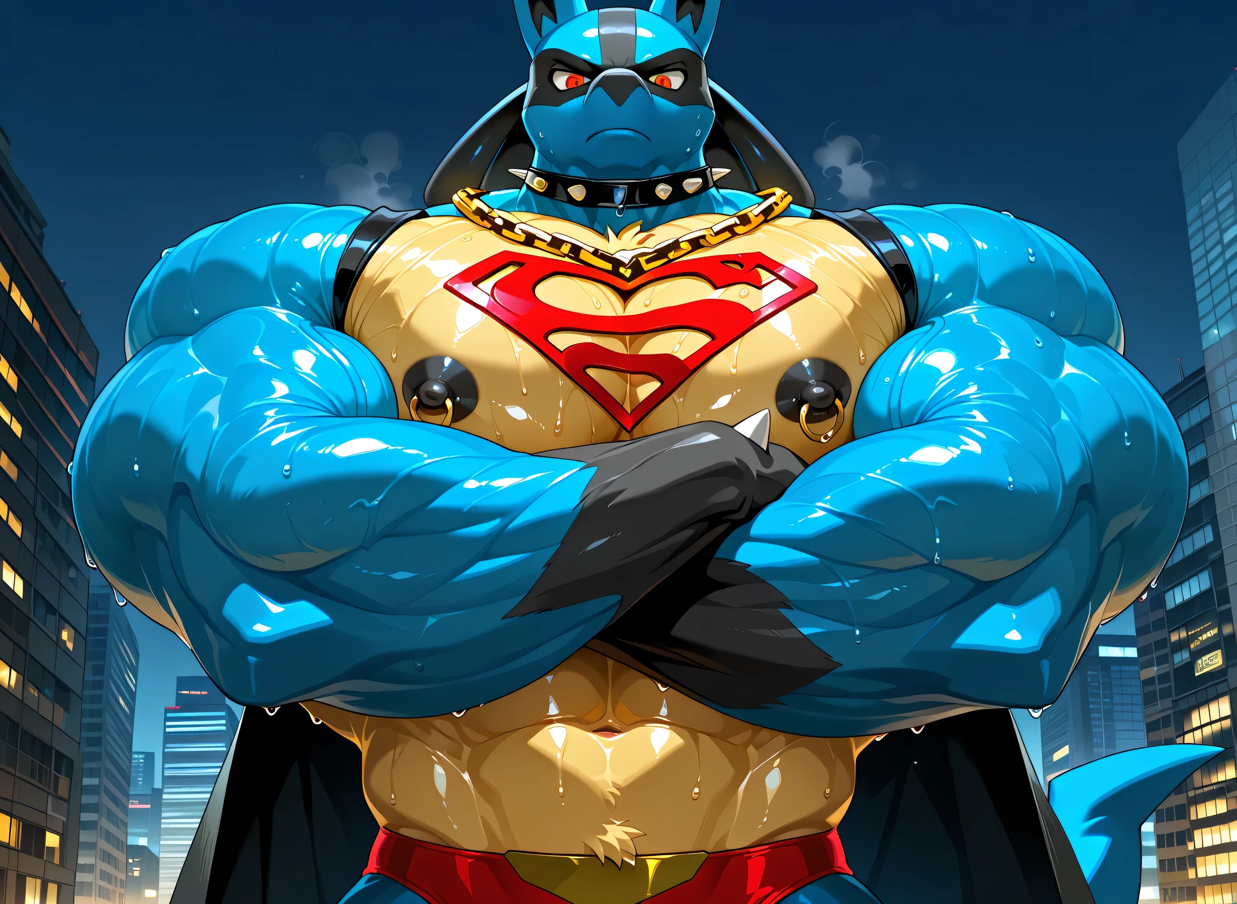 kemono, by null-ghost, by zixiong, solo, male, tail, Lucario, anthro, black nipples, big nipples, gold nipple rings, sweaty, handsome, broad shoulders, broad chest, huge muscular, posing, thick neck, thick arms, blue arms, pectorals crushing city, bedroom eyes, looking at viewer, angry, macro, city, buildings, wearing gold chains around neck, wearing a spiked collar on his neck, wearing superman outfit, superman symbol on center of chest, black cape, detailed background, sweaty, crossed arms, low view, close shot of chest and face, body fills frame, BREAK score_9_up,score_8_up,score_7_up,score_6_up,score_5_up,score_4_up
