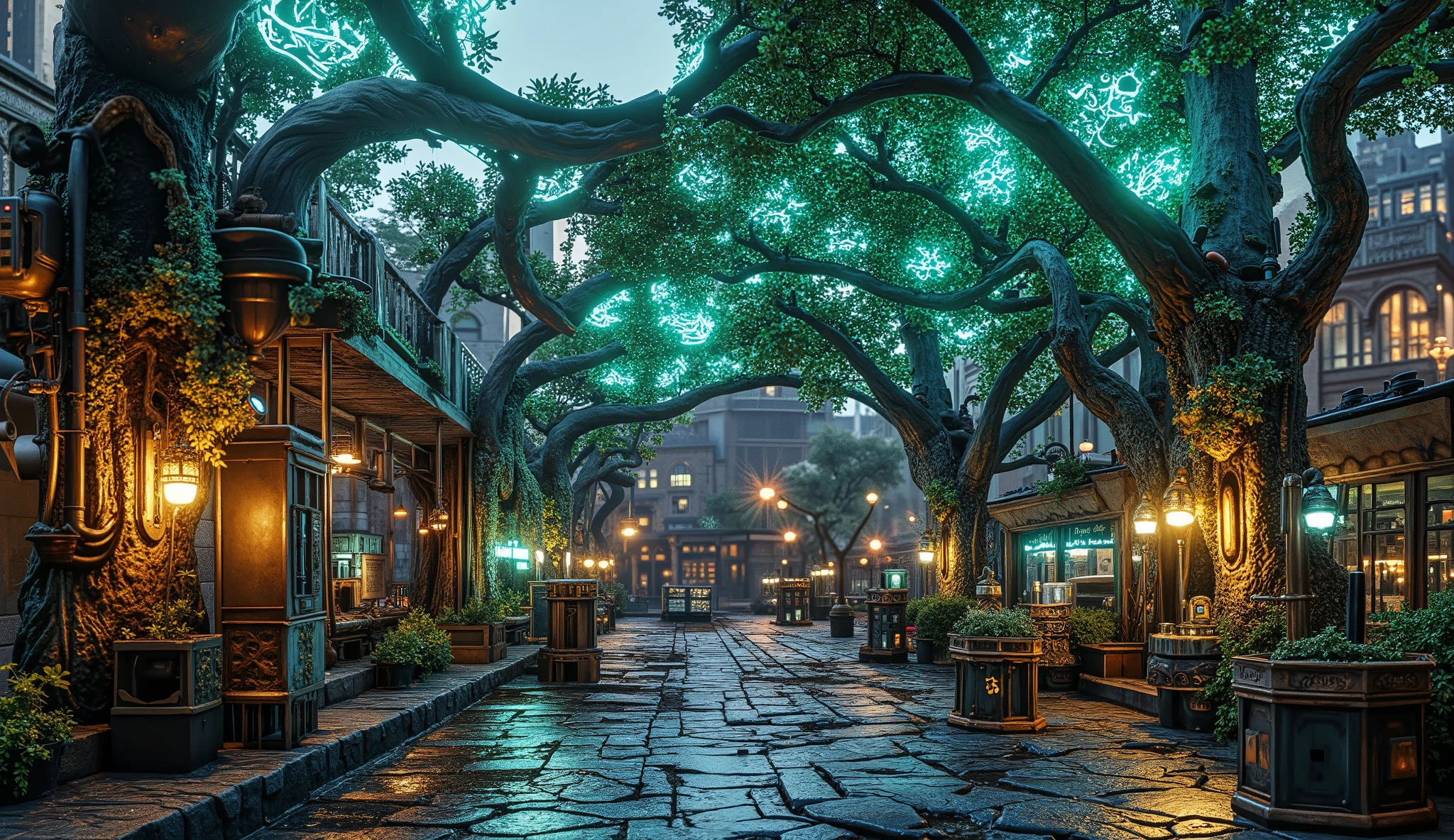 A futuristic park in a steampunk-biopunk city. The park is dominated by massive mutated trees with glowing neon leaves in shades of green and blue. Organic vines with bioluminescent patterns wrap around brass lampposts and steam vents. In the background, Victorian-style buildings with glowing windows rise above the park. The atmosphere is dark but illuminated by soft neon lights, creating an eerie yet beautiful scene. Ultra-detailed, cinematic lighting, 8k resolution.