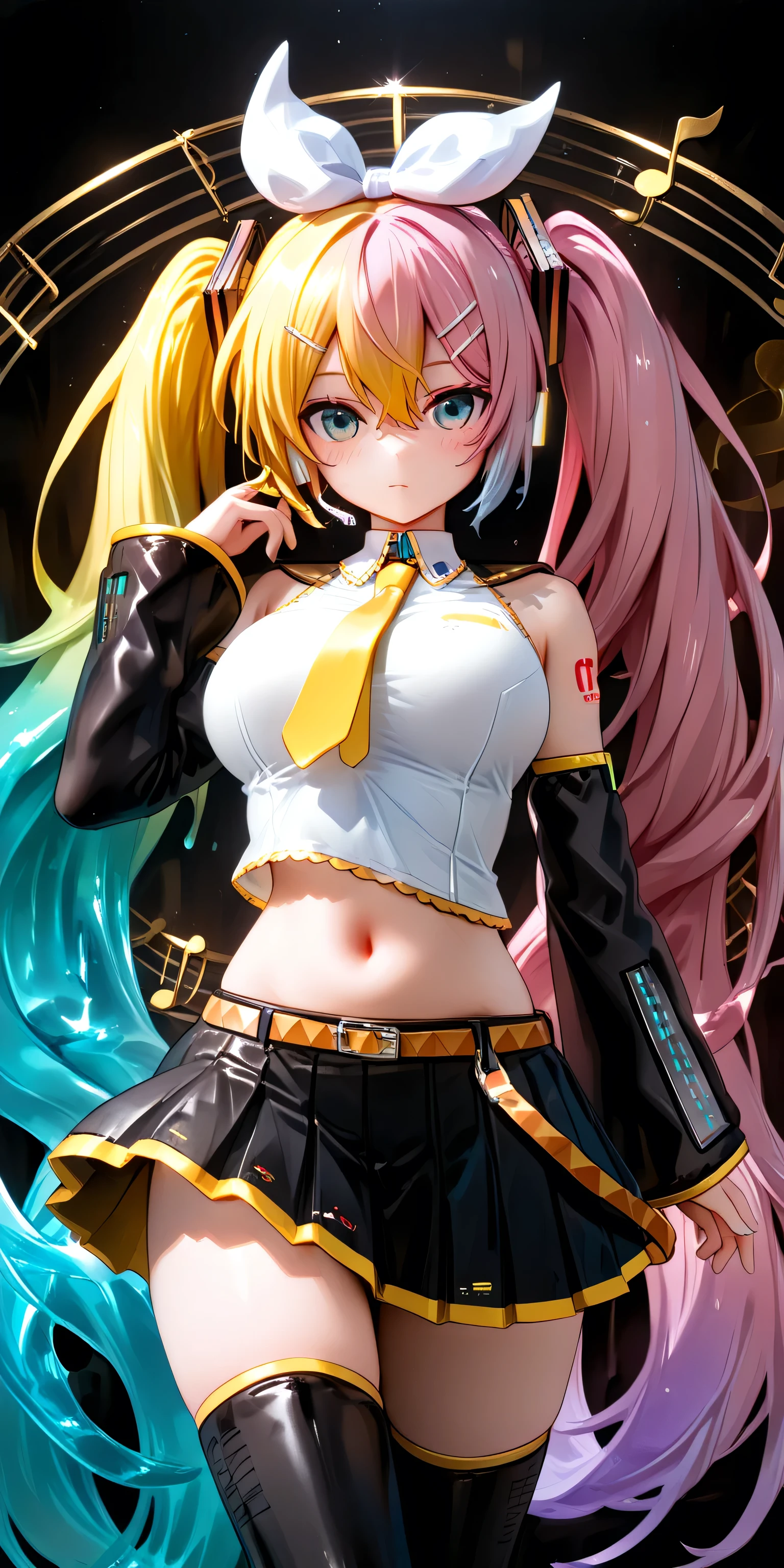 score_9, score_8_up , score_7_up , score_6_up , score_5_up , score_4_up , 1 girl, alone, (( split color hair )), (( blonde hair)), (( light blue hair)), (( pink hair)),((Blue Hair)) big breasts, Luka Megurine, blue eyes, headphones , long hair, LONG BIG TWIN TAILS , pink hair, Arm Cover, bracelet, shoulder out, black shirt, black LONG SKIRT , crop top, midriff, belly button, shirt, shoulder tattoo, single arm warmer, skirt, tattoo, Hatsune Miku, absurdly long hair, light blue hair, twin tails, hair ornament , side lock, hair between eyes, split ends, Aqua Eyes, white shirt,collared shirt, shoulder out,sleeveless shirt, aqua ones, detach sleeve,Black sleeves,shoulder tattoo, fringe , black knee high,LONG SKIRT ,pleated LONG SKIRT ,Thigh Boots, Kagamine Rin, short hair, blonde hair, floating hair ,white hair band ,hair bow, white ribbon, hair clips, swift bangs , blue eyes, clavicle , shoulder out,Black sailor collar,white shirt,sleeveless shirt, crop top,midriff, yellow tie ,Black sleeves, detach sleeve, big boobs,belly button,Stomach, gold belt , fringe ,LONG SKIRT , BLACK LONG SKIRT , leg warmers, white footwear, flirting, cowboy shot, stage lights , electronic world,Melted body, Slime girl , liquid ,Fluidity , best quality writing,muddy texture , Melting Skin , Kagamine Rin's big white ribbon on top of head, black headband with gold decoration by Megurine Luka on the head(Megurine Luka's Katyusha) Hatsune Miku's Twin Tails Decor (Black Rhombus with Cyan Lines ),Pulsating Poses,rainbow music score effect on background, rainbow musical note effect,black electronic background,one person, Megurine Luka's Black Long Skirt (Gold ruffles at the waist)(Gold Line)(Chic design)one person,alone