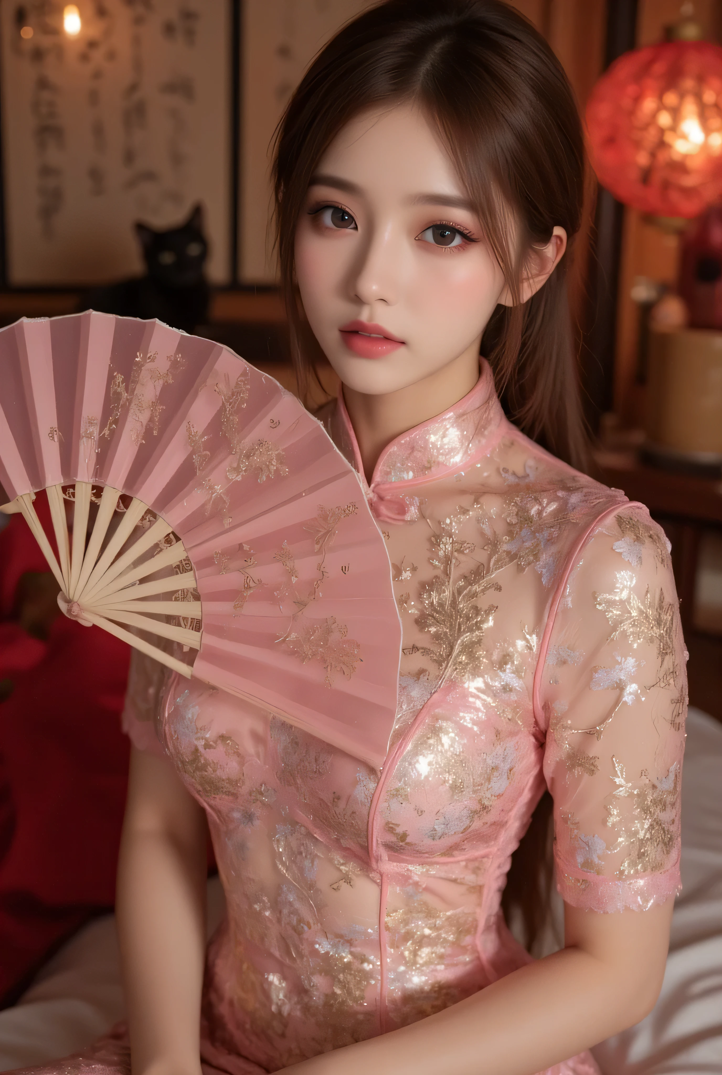 Cat ears、 face up, attractive, pretty girl, ponytail、 (( fine facial features , eroticism)), dramatic lighting , realistic , 8k, Dramatic Shadows , intricate and elaborate patterns , super detailed photo , chiaroscuro lighting , Pleasant colors , deep contrast , super real 、 pink lipstick、 warm room、Vintage Fireplace 、 cinematic composition、Close-up of face, pretty half part transparent open shoulder loose outfits dress, tang style, A beautiful Korean idol wearing a one piece red- black tightly cheongsam with phoenix and intricate floral golden embroidery, golden and silver outline on dress, hand hold pink feathers transparent Chinese fan with golden ink painting of bird and tree , standing gracefully in a room filled with traditional Chinese New Year decorations. The room features vibrant red lanterns, decorative calligraphy scrolls, a small Chinese orange tree with golden ornaments, and several red envelopes scattered across the floor and hanging from the tree. Adorable, playful cats are part of the scene—some sitting near the tree, others curiously pawing at the red envelopes or lounging around. Through a window or an open door in the background, vibrant Chinese fireworks light up the night sky in an array of reds, golds, and blues, casting a magical glow into the room. The idol’s outfit is paired with subtle accessories like red hairpins or earrings, complementing the festive look. The atmosphere is warm and lively, filled with the joyful essence of the celebration, enhanced by the shimmering lights of the fireworks and the lively decor.